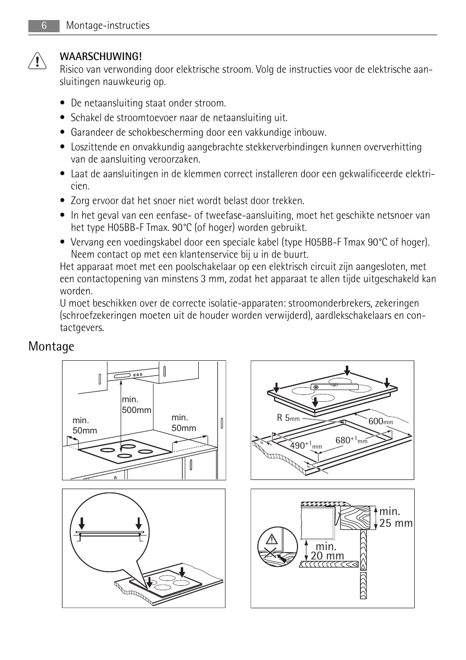 Montage, Min. 25 mm min. 20 mm | AEG HK614010BB User Manual | Page 6 / 64