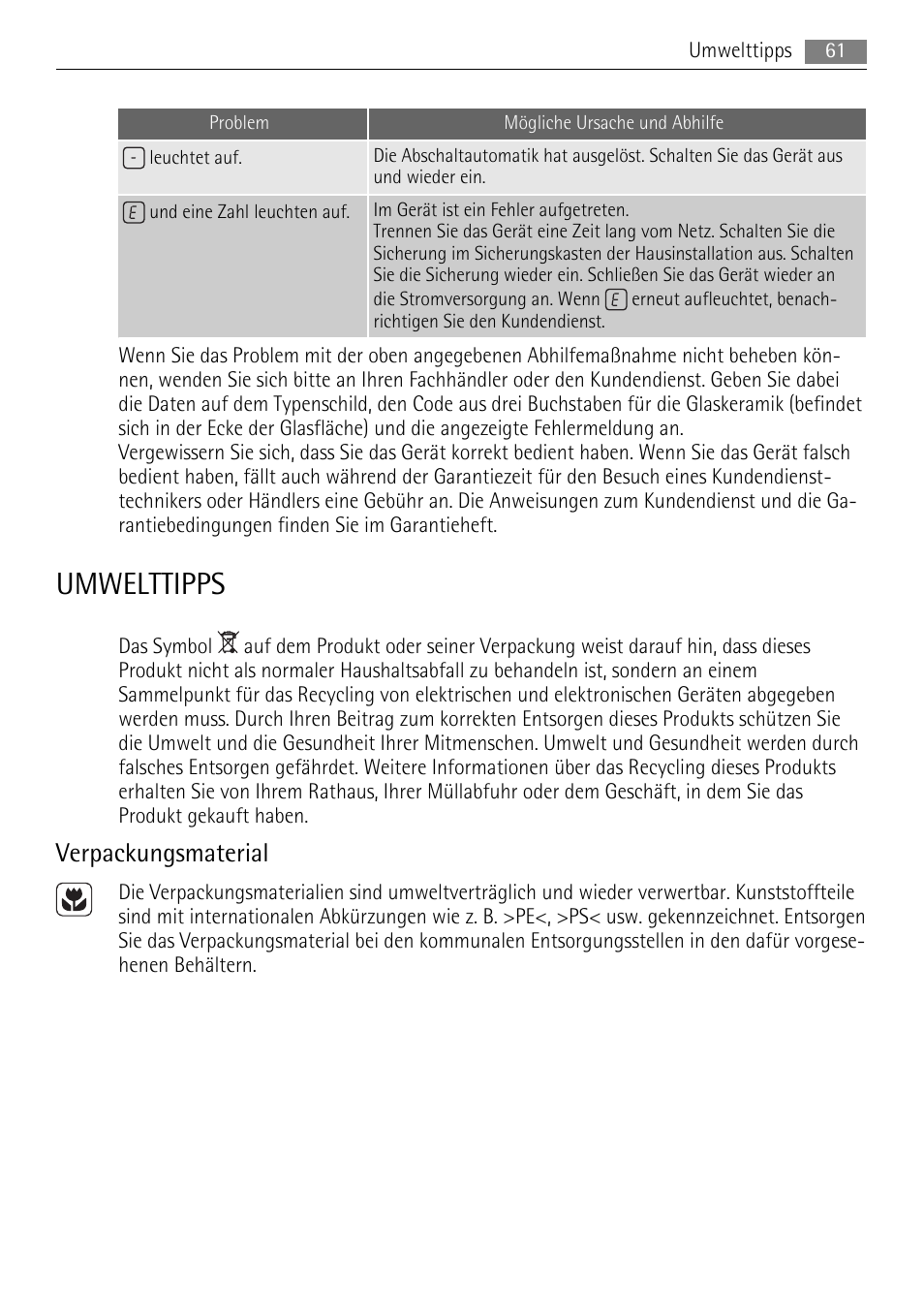 Umwelttipps, Verpackungsmaterial | AEG HK614010BB User Manual | Page 61 / 64