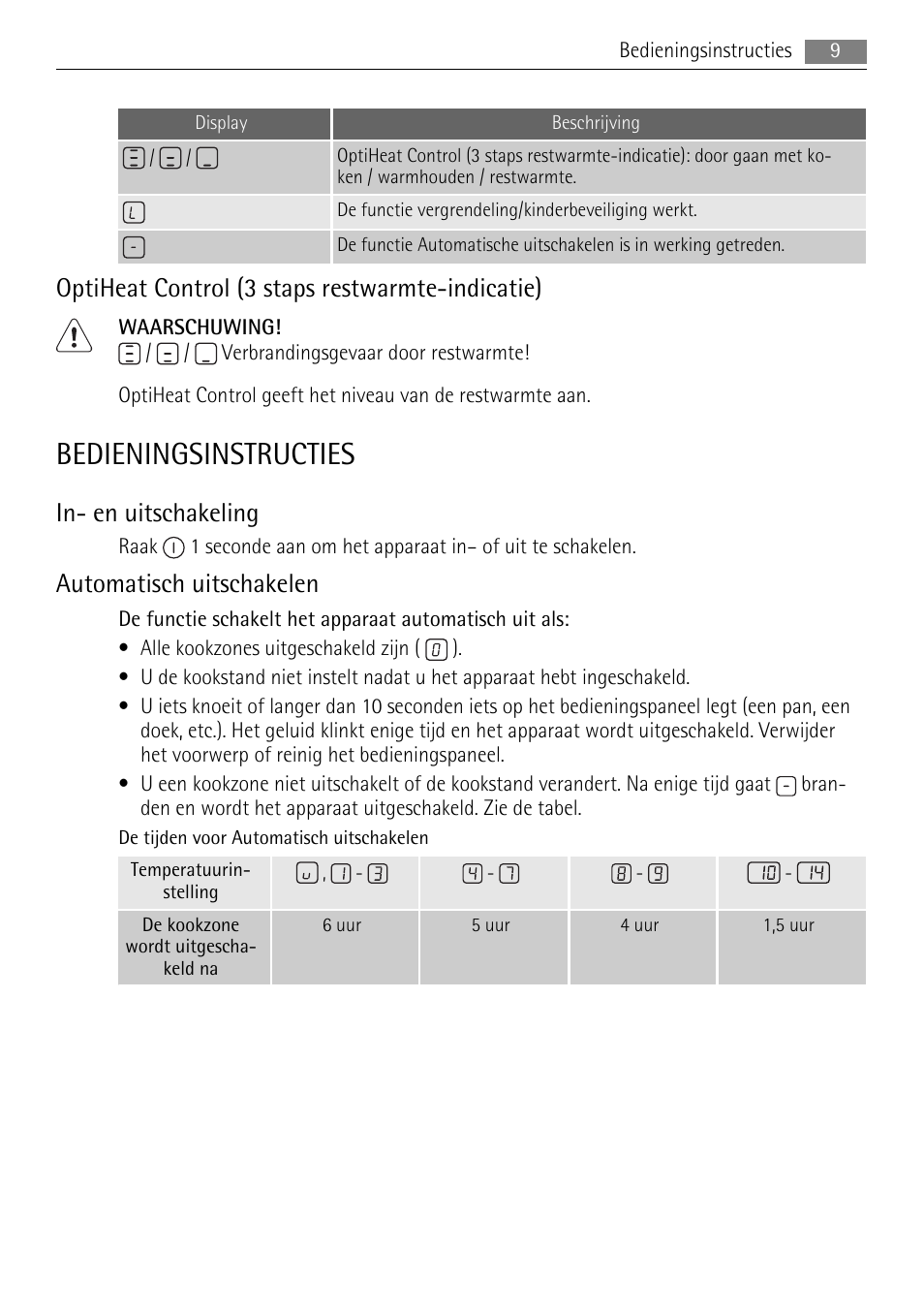 Bedieningsinstructies, Optiheat control (3 staps restwarmte-indicatie), In- en uitschakeling | Automatisch uitschakelen | AEG HK614010BB User Manual | Page 9 / 64
