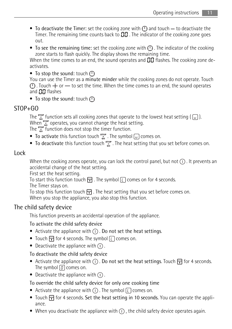 Stop+go, Lock, The child safety device | AEG HK953400FB User Manual | Page 11 / 16