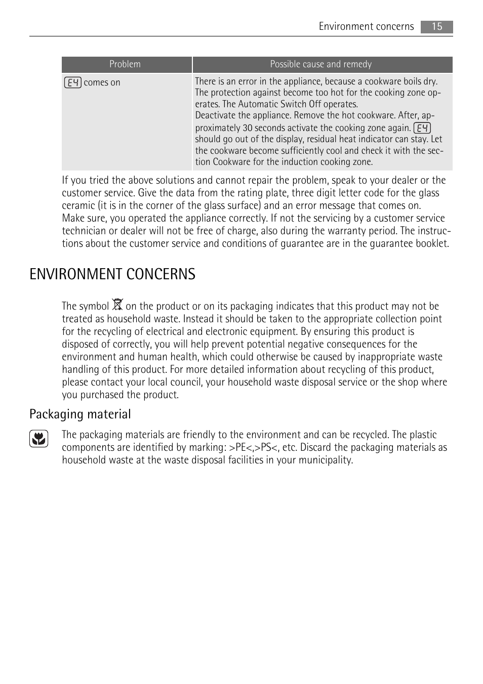 Environment concerns, Packaging material | AEG HK953400FB User Manual | Page 15 / 16