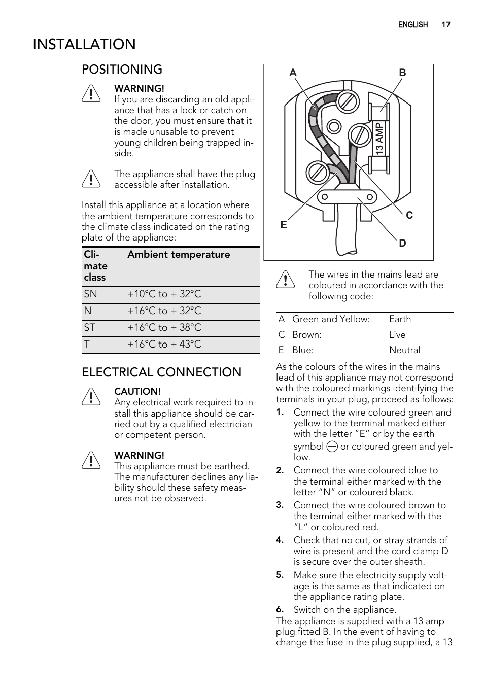 Installation, Positioning, Electrical connection | AEG SWS98820L0 User Manual | Page 17 / 24