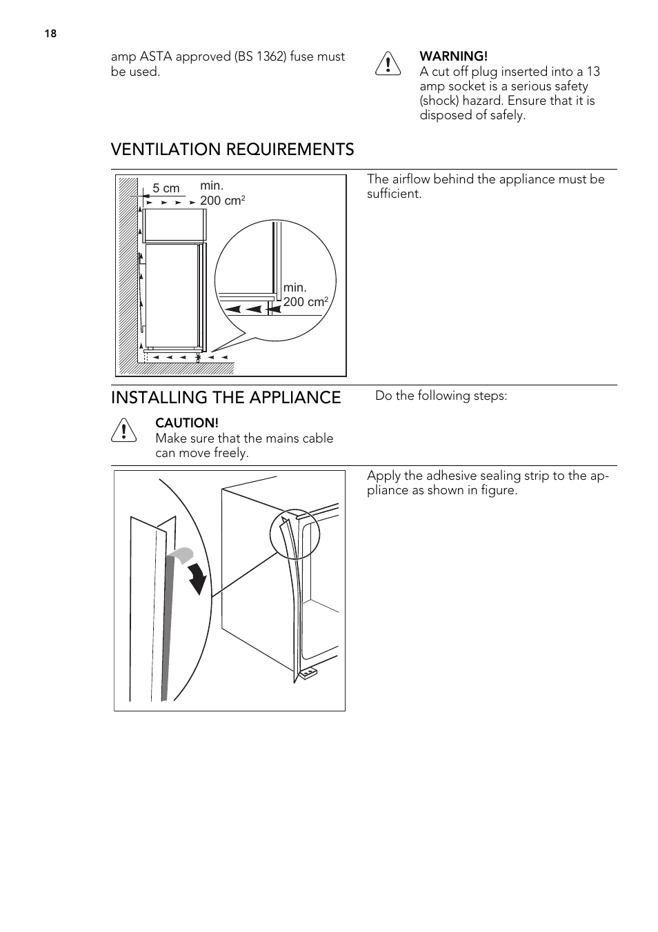 Ventilation requirements, Installing the appliance | AEG SWS98820L0 User Manual | Page 18 / 24