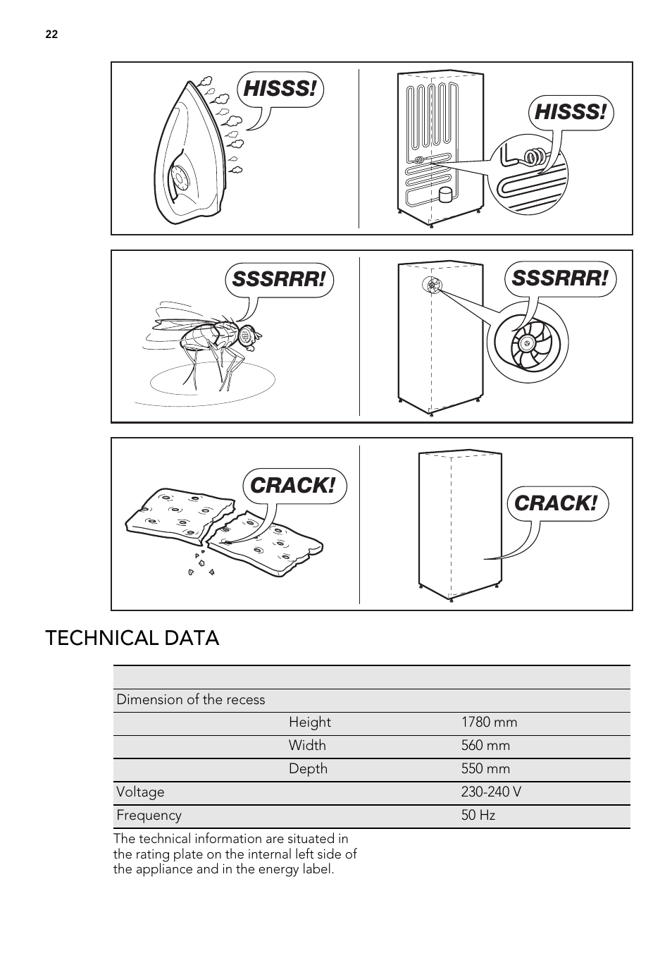 Hisss, Sssrrr, Crack | Technical data | AEG SWS98820L0 User Manual | Page 22 / 24