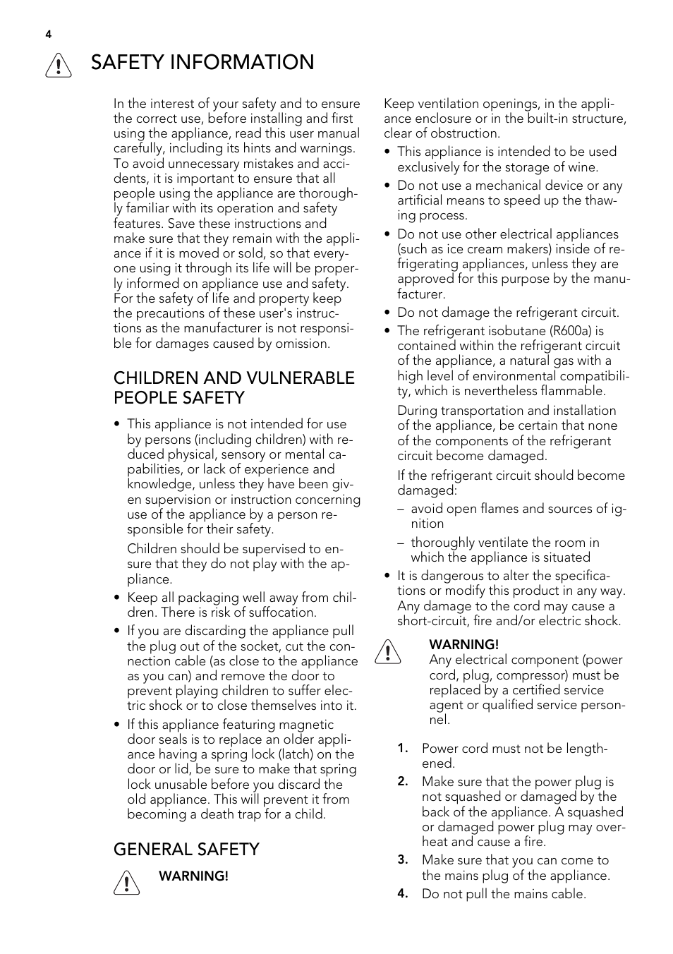 Safety information, Children and vulnerable people safety, General safety | AEG SWS98820L0 User Manual | Page 4 / 24