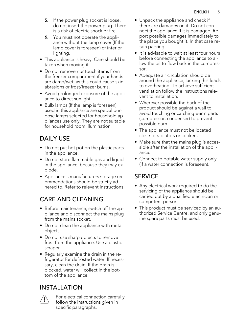 Daily use, Care and cleaning, Installation | Service | AEG SWS98820L0 User Manual | Page 5 / 24