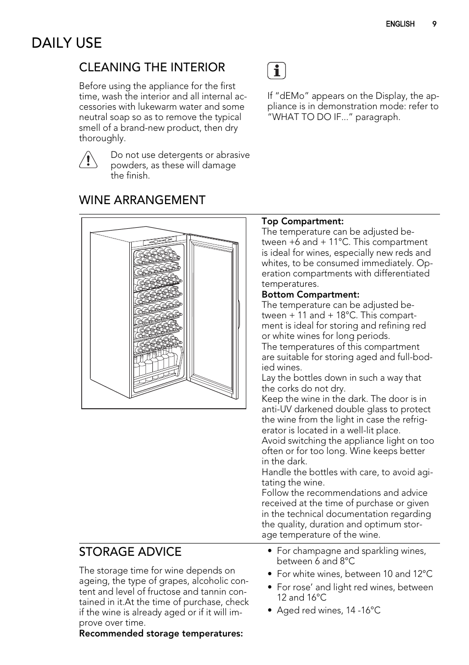 Daily use, Cleaning the interior, Wine arrangement | Storage advice | AEG SWS98820L0 User Manual | Page 9 / 24