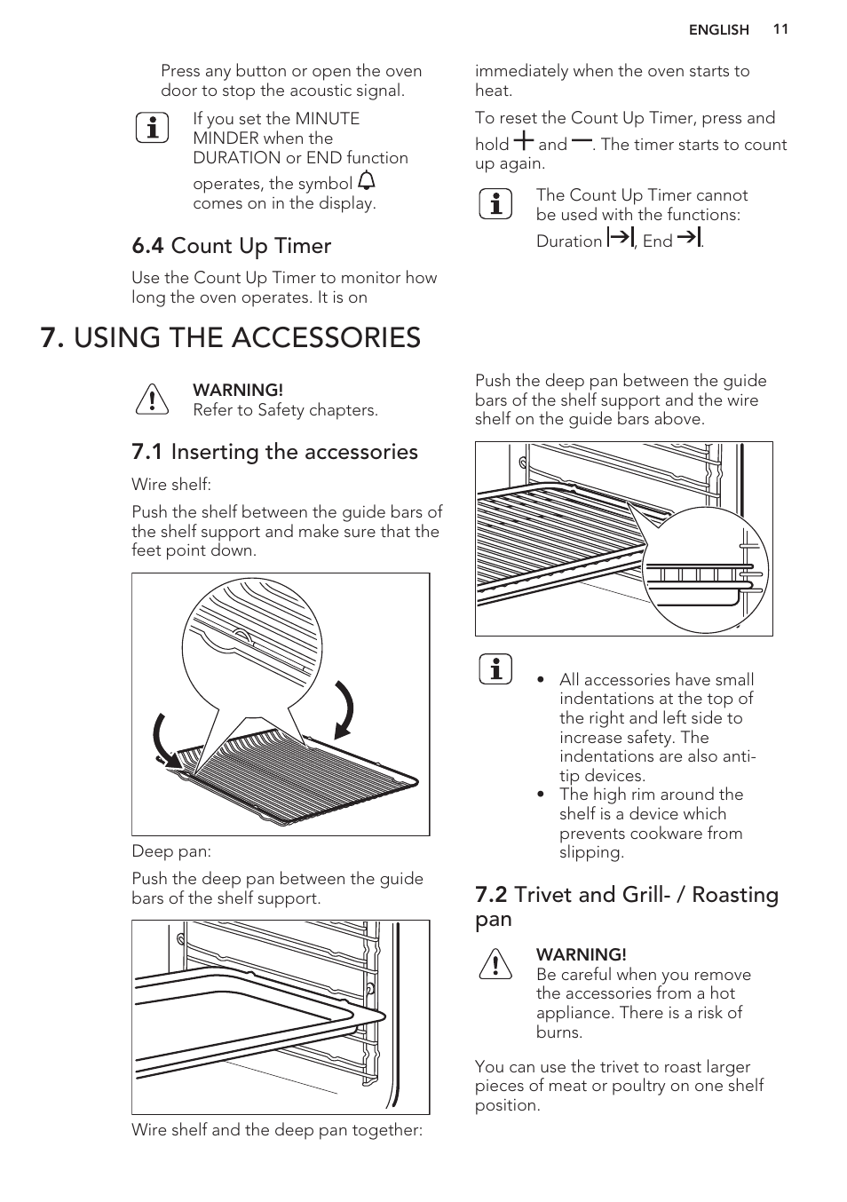 4 count up timer, Using the accessories, 1 inserting the accessories | 2 trivet and grill- / roasting pan | AEG BP3003021M User Manual | Page 11 / 32