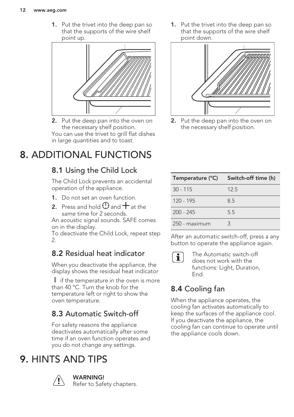 Additional functions, 1 using the child lock, 2 residual heat indicator | 3 automatic switch-off, 4 cooling fan, Hints and tips, Additional functions 9. hints and tips | AEG BP3003021M User Manual | Page 12 / 32