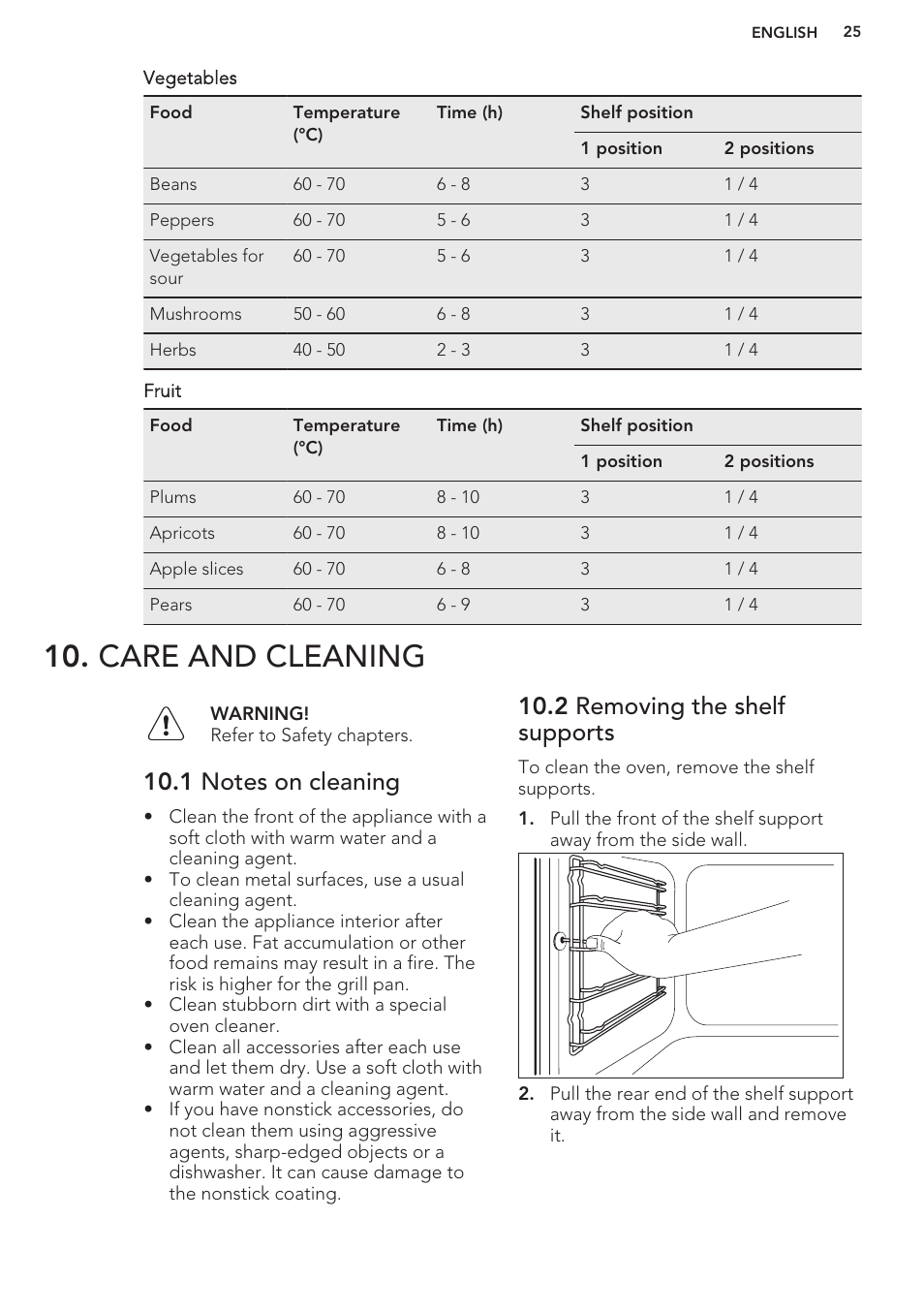 Care and cleaning, 1 notes on cleaning, 2 removing the shelf supports | AEG BP3003021M User Manual | Page 25 / 32