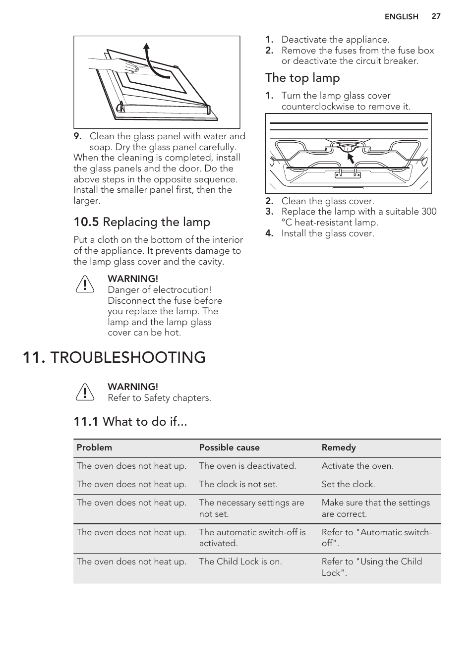 5 replacing the lamp, The top lamp, Troubleshooting | 1 what to do if | AEG BP3003021M User Manual | Page 27 / 32