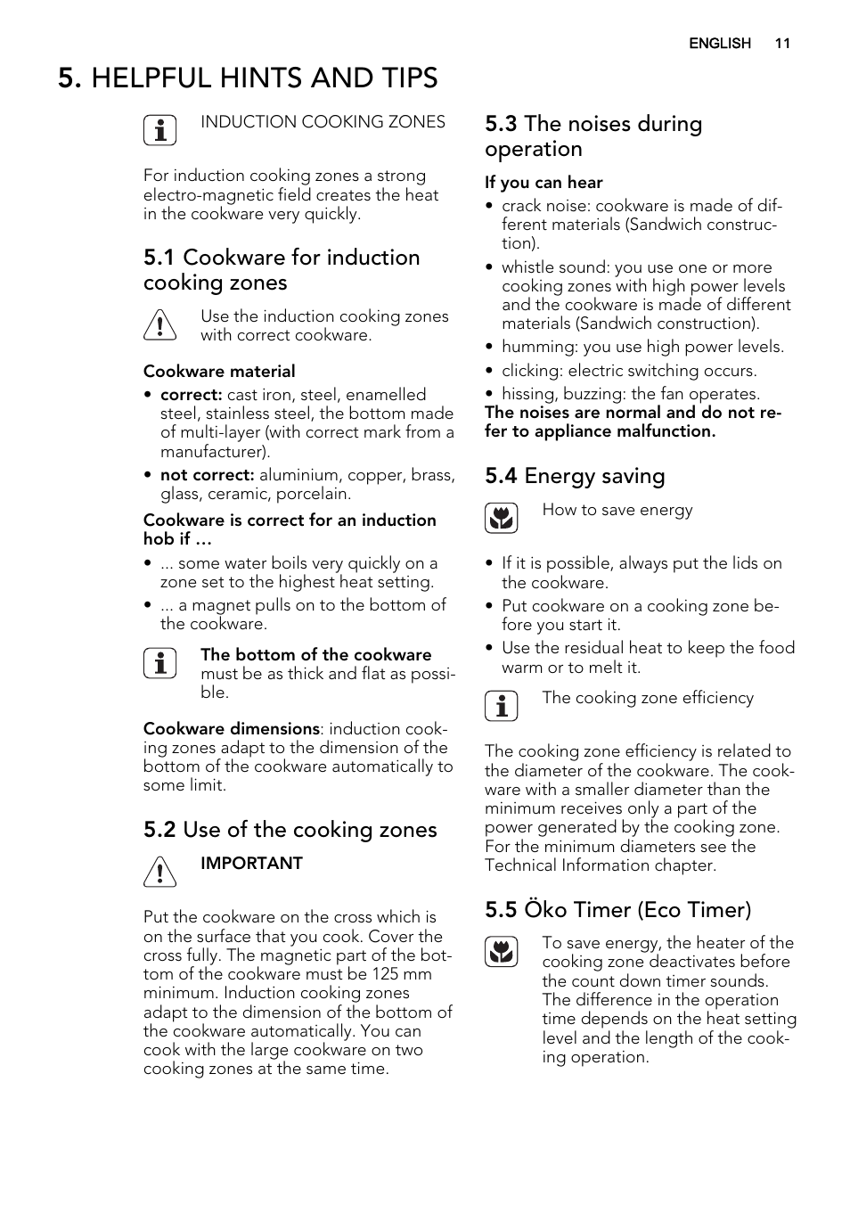 Helpful hints and tips, 1 cookware for induction cooking zones, 2 use of the cooking zones | 3 the noises during operation, 4 energy saving, 5 öko timer (eco timer) | AEG HK764403FB User Manual | Page 11 / 24
