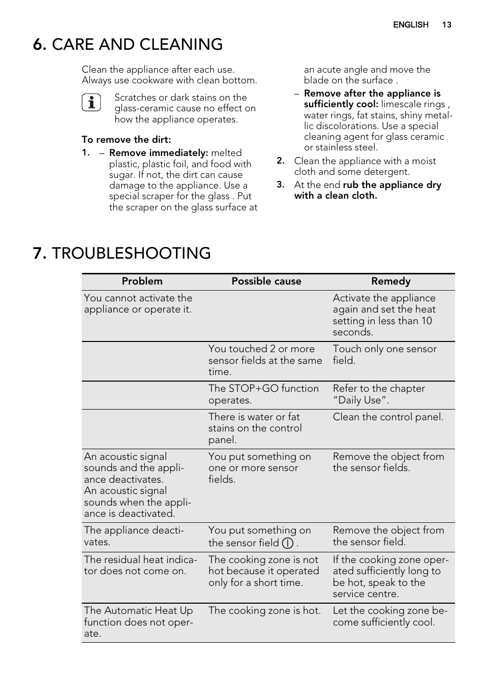 Care and cleaning, Troubleshooting | AEG HK764403FB User Manual | Page 13 / 24