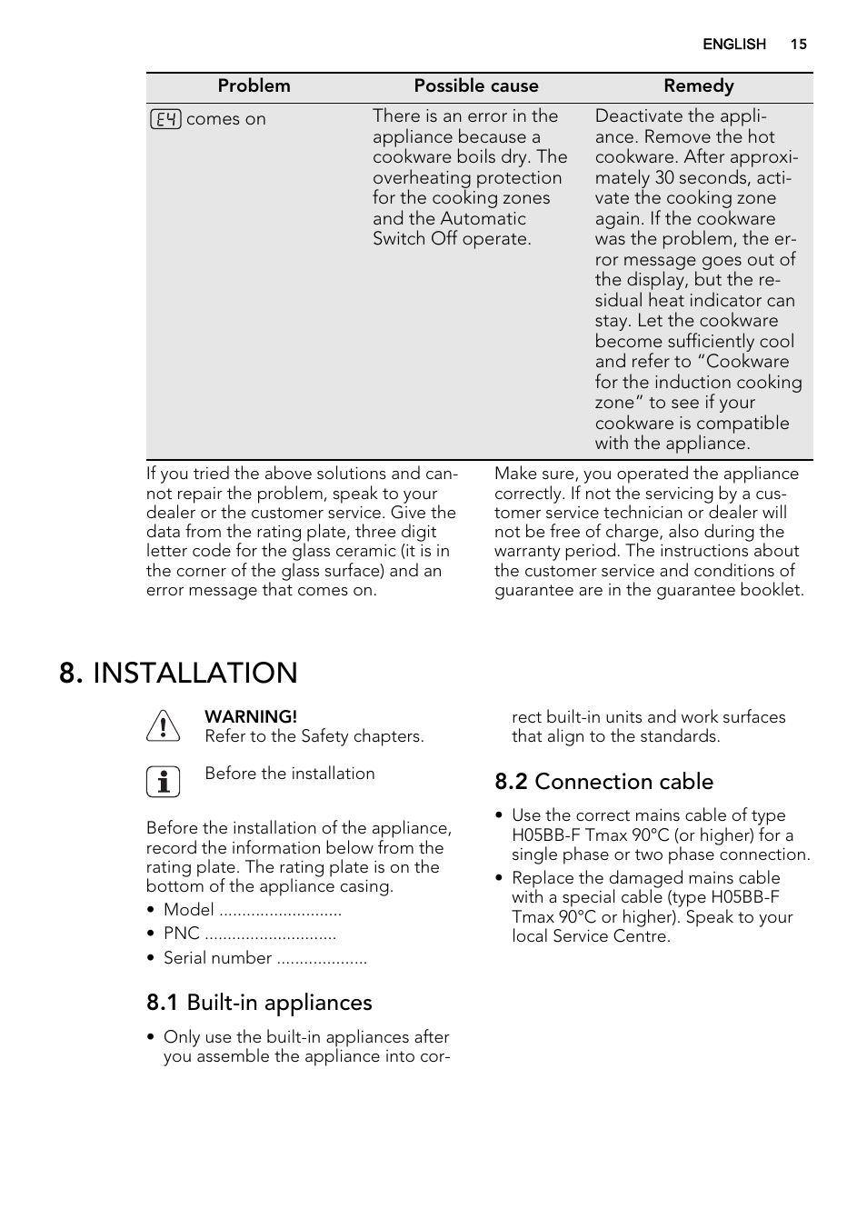 Installation, 1 built-in appliances, 2 connection cable | AEG HK764403FB User Manual | Page 15 / 24