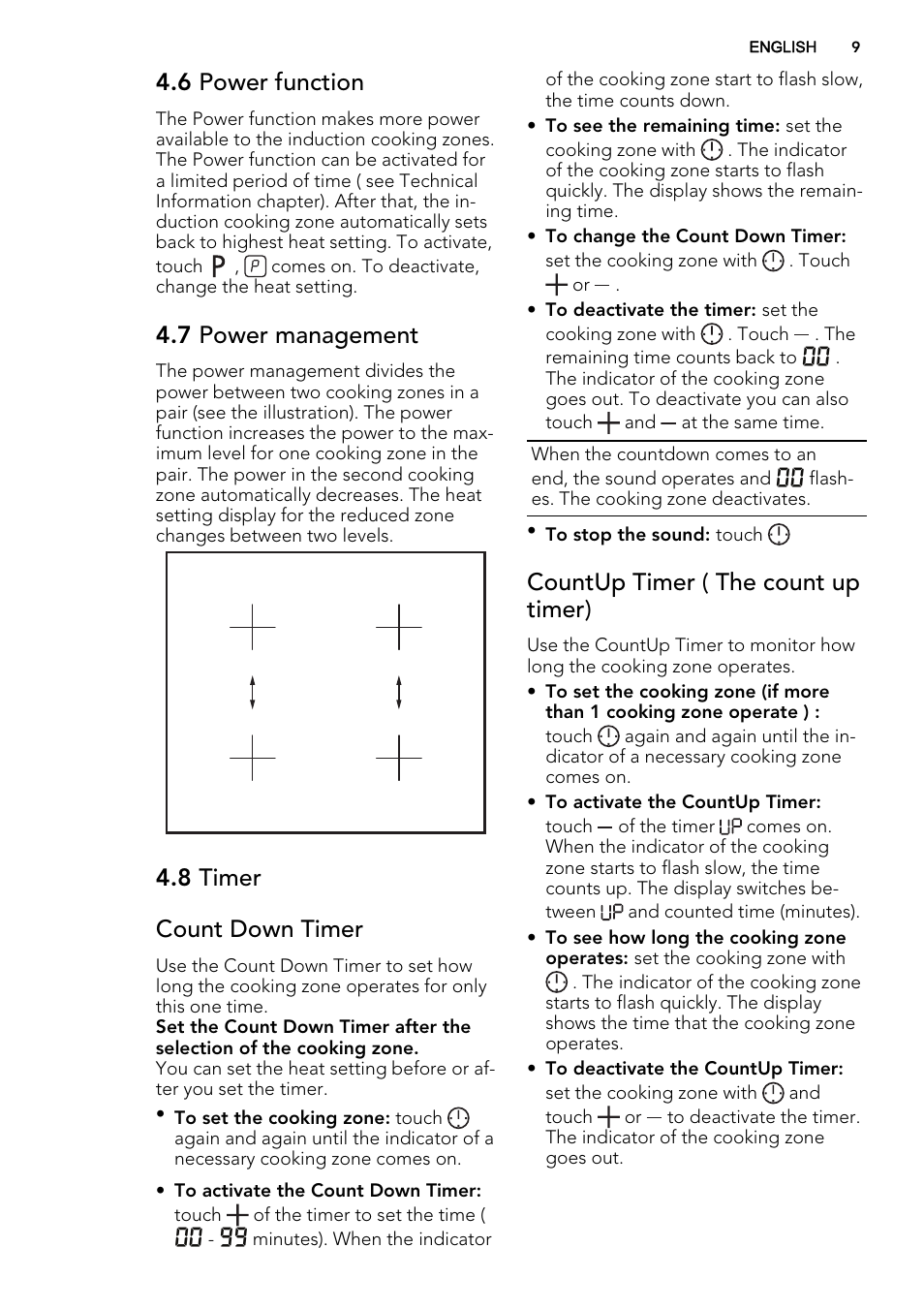 6 power function, 7 power management, 8 timer count down timer | Countup timer ( the count up timer) | AEG HK764403FB User Manual | Page 9 / 24