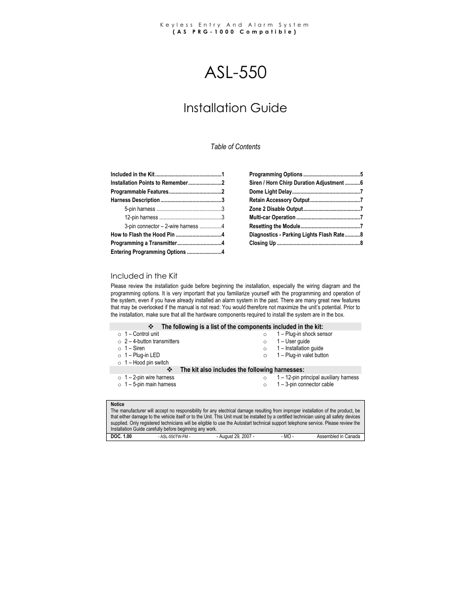 Autostart Keyless Entry and Alarm System ASL-550 User Manual | 8 pages