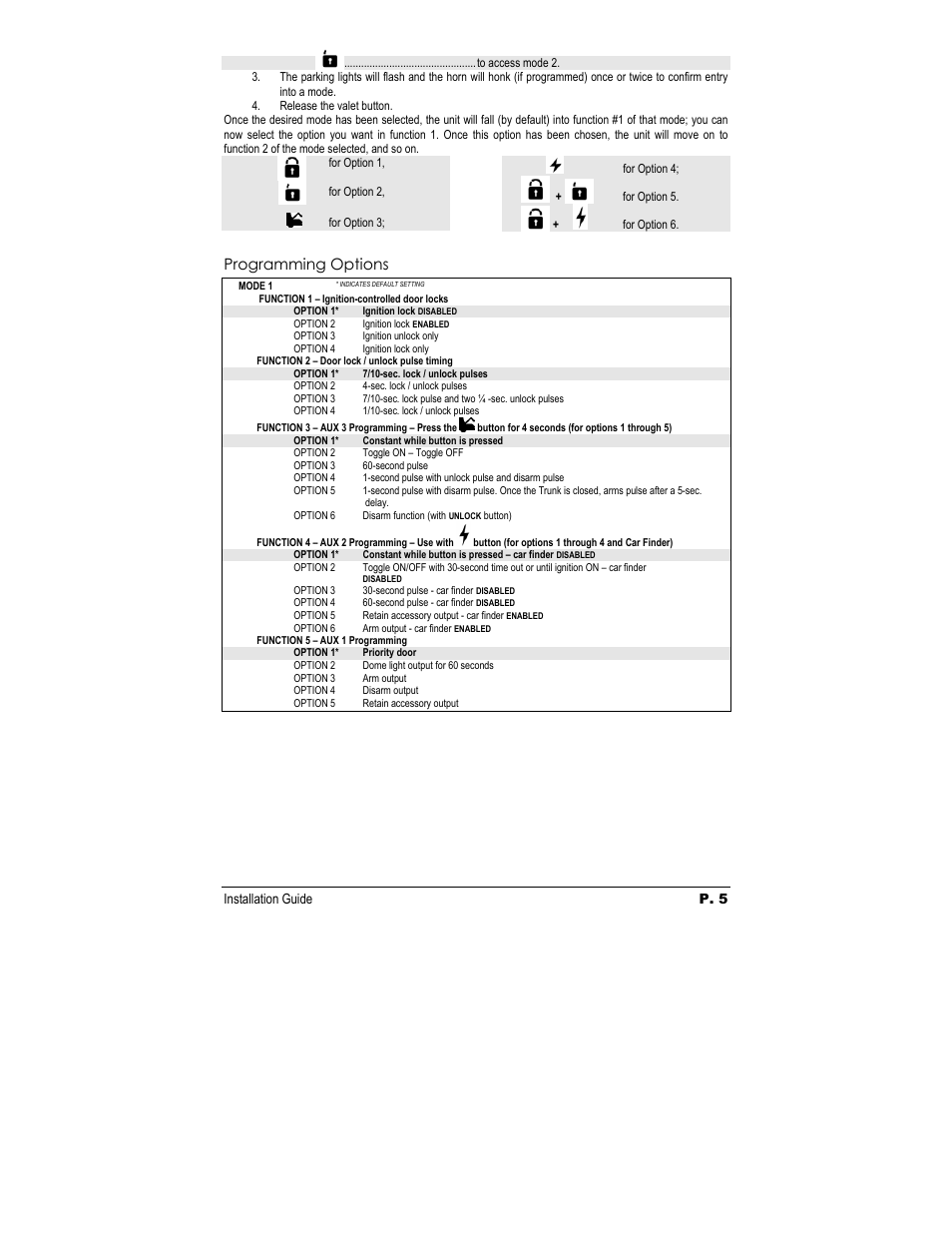 Programming options | Autostart Keyless Entry and Alarm System ASL-550 User Manual | Page 5 / 8