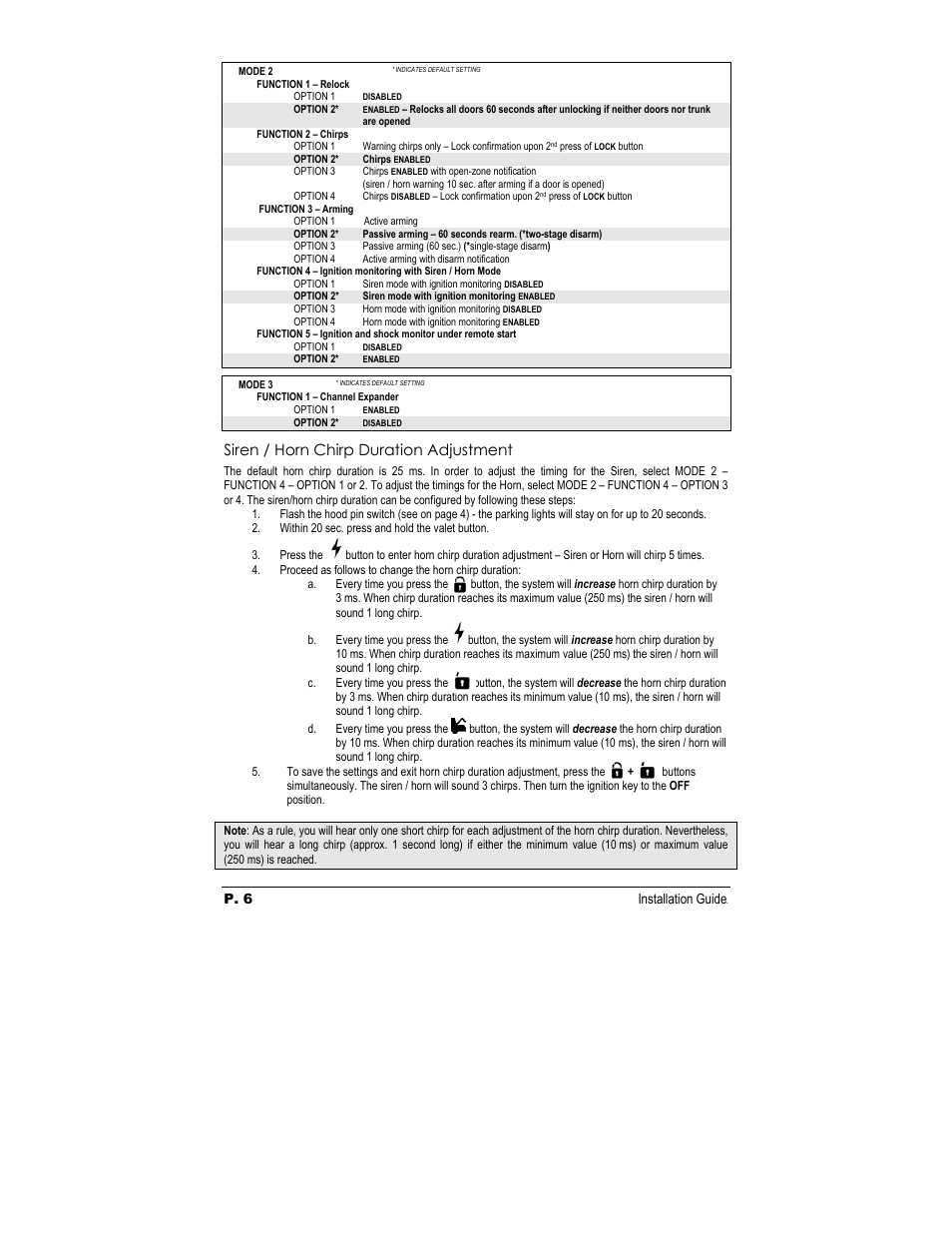 Siren / horn chirp duration adjustment, P. 6 installation guide 0 | Autostart Keyless Entry and Alarm System ASL-550 User Manual | Page 6 / 8