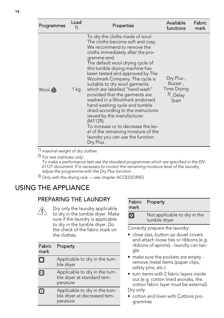 Using the appliance, Preparing the laundry | AEG T86585IH User Manual | Page 14 / 32