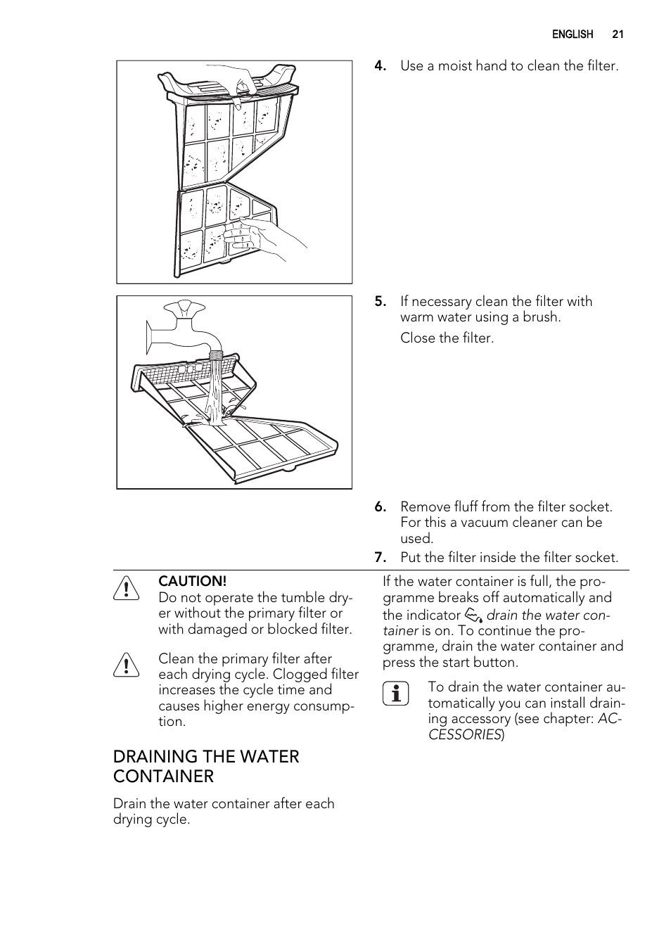 Draining the water container | AEG T86585IH User Manual | Page 21 / 32