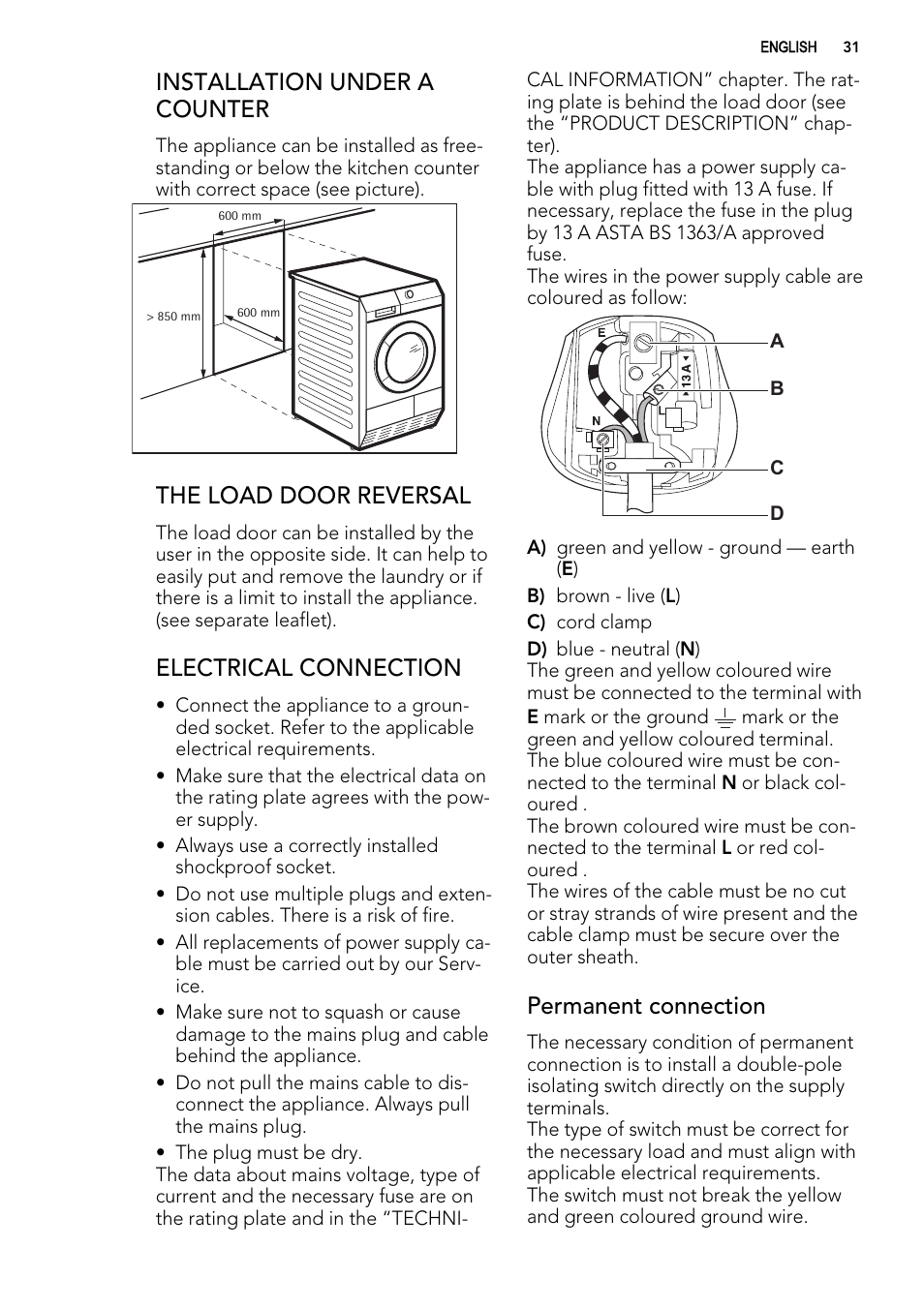 Installation under a counter, The load door reversal, Electrical connection | Permanent connection | AEG T86585IH User Manual | Page 31 / 32