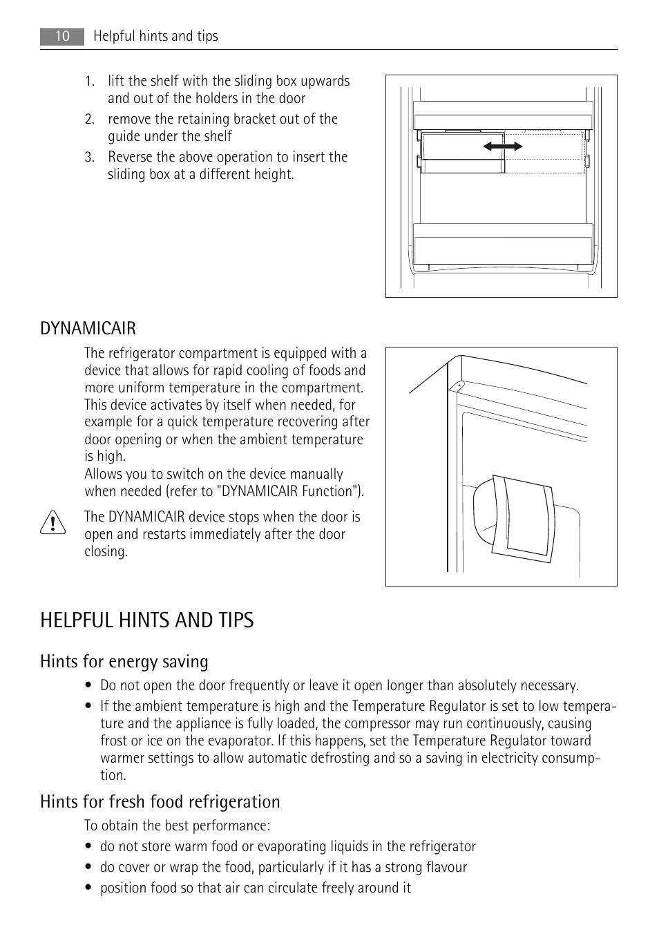 Helpful hints and tips, Dynamicair, Hints for energy saving | Hints for fresh food refrigeration | AEG SCS71800F0 User Manual | Page 10 / 28