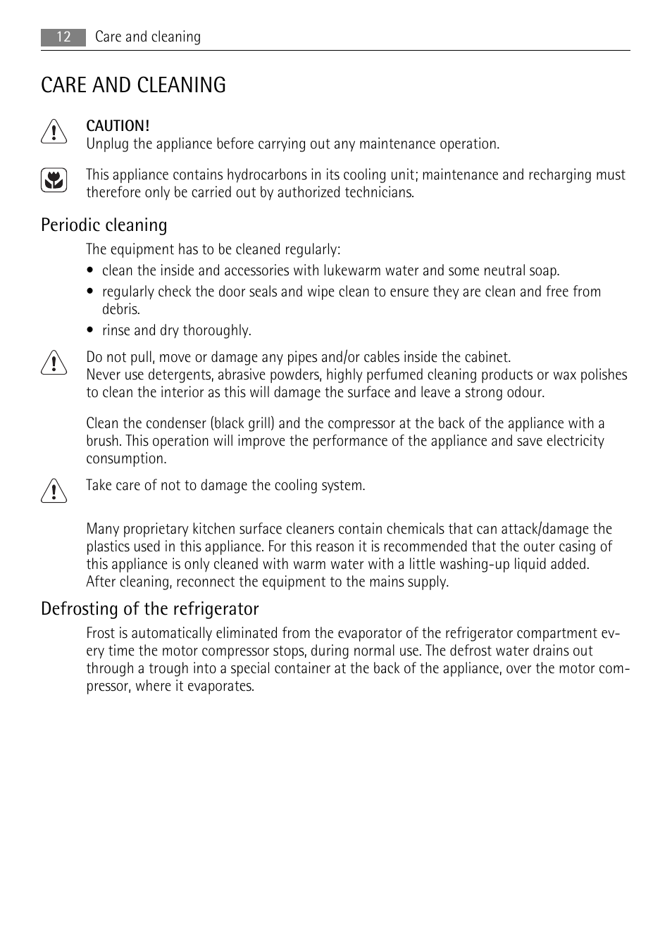 Care and cleaning, Periodic cleaning, Defrosting of the refrigerator | AEG SCS71800F0 User Manual | Page 12 / 28
