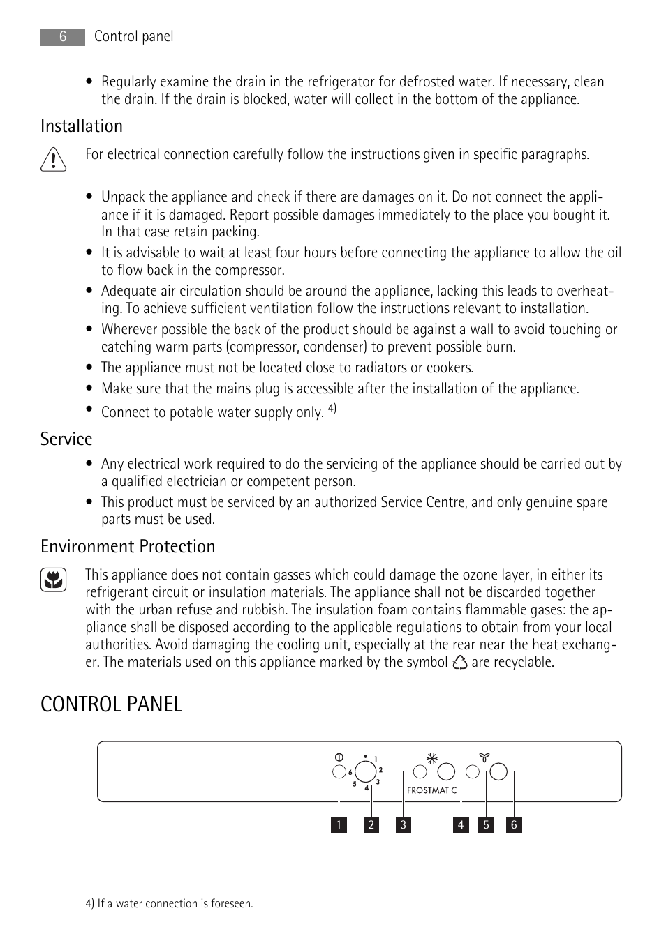 Control panel, Installation, Service | Environment protection | AEG SCS71800F0 User Manual | Page 6 / 28