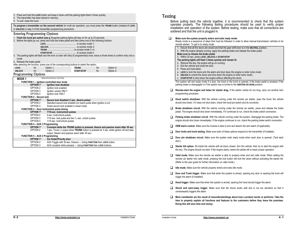 Testing | Autostart Two-way Led Manual Transmission Remote Starter and Full Alarm System User Manual | Page 2 / 4