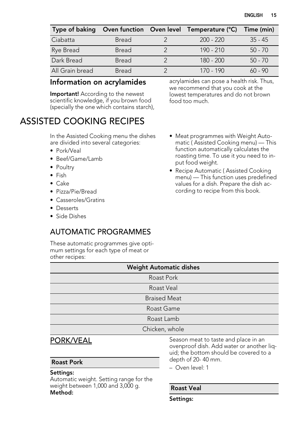 Assisted cooking recipes, Information on acrylamides, Automatic programmes | Pork/veal | AEG MCD3881E-M User Manual | Page 15 / 32