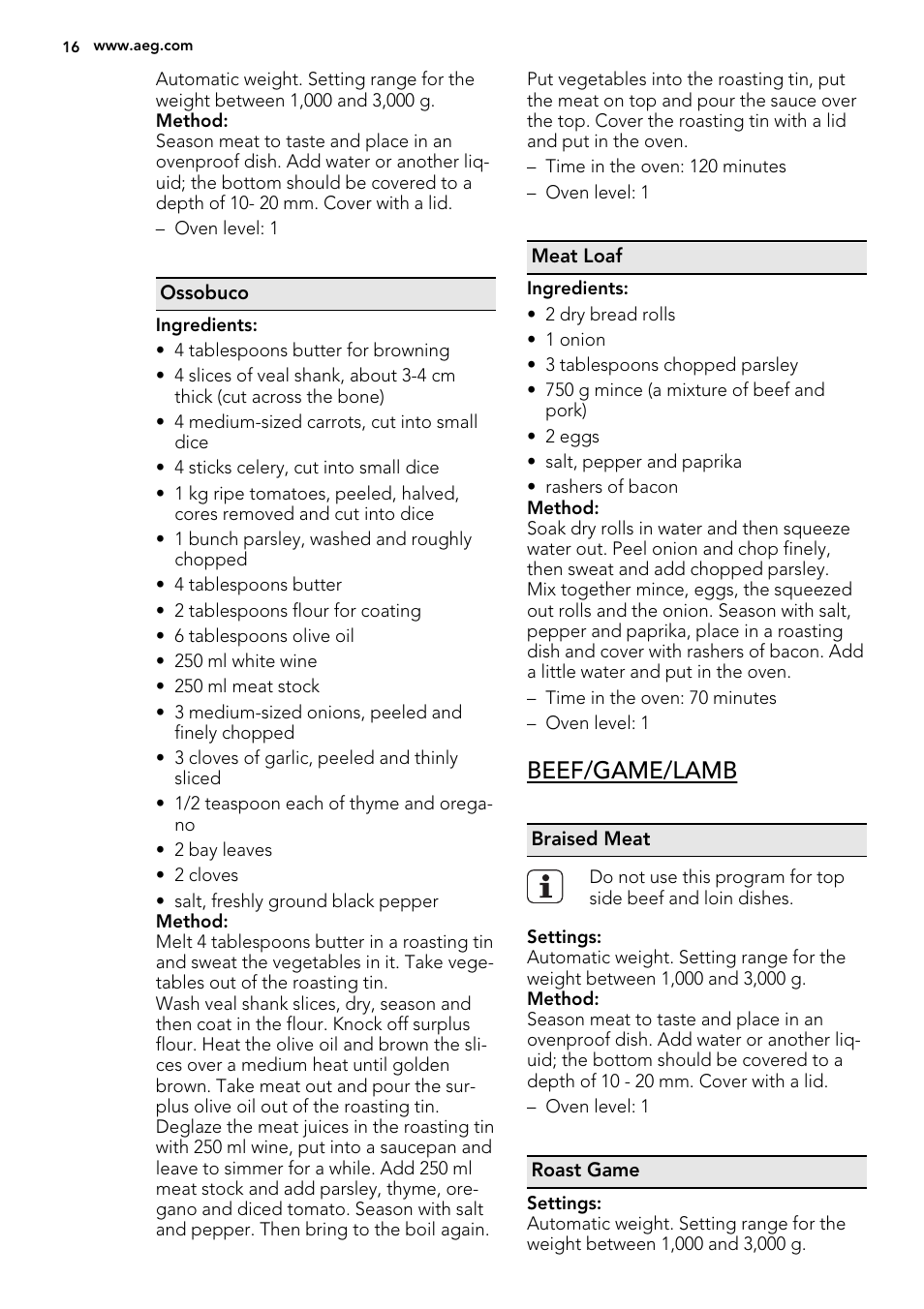 Beef/game/lamb | AEG MCD3881E-M User Manual | Page 16 / 32