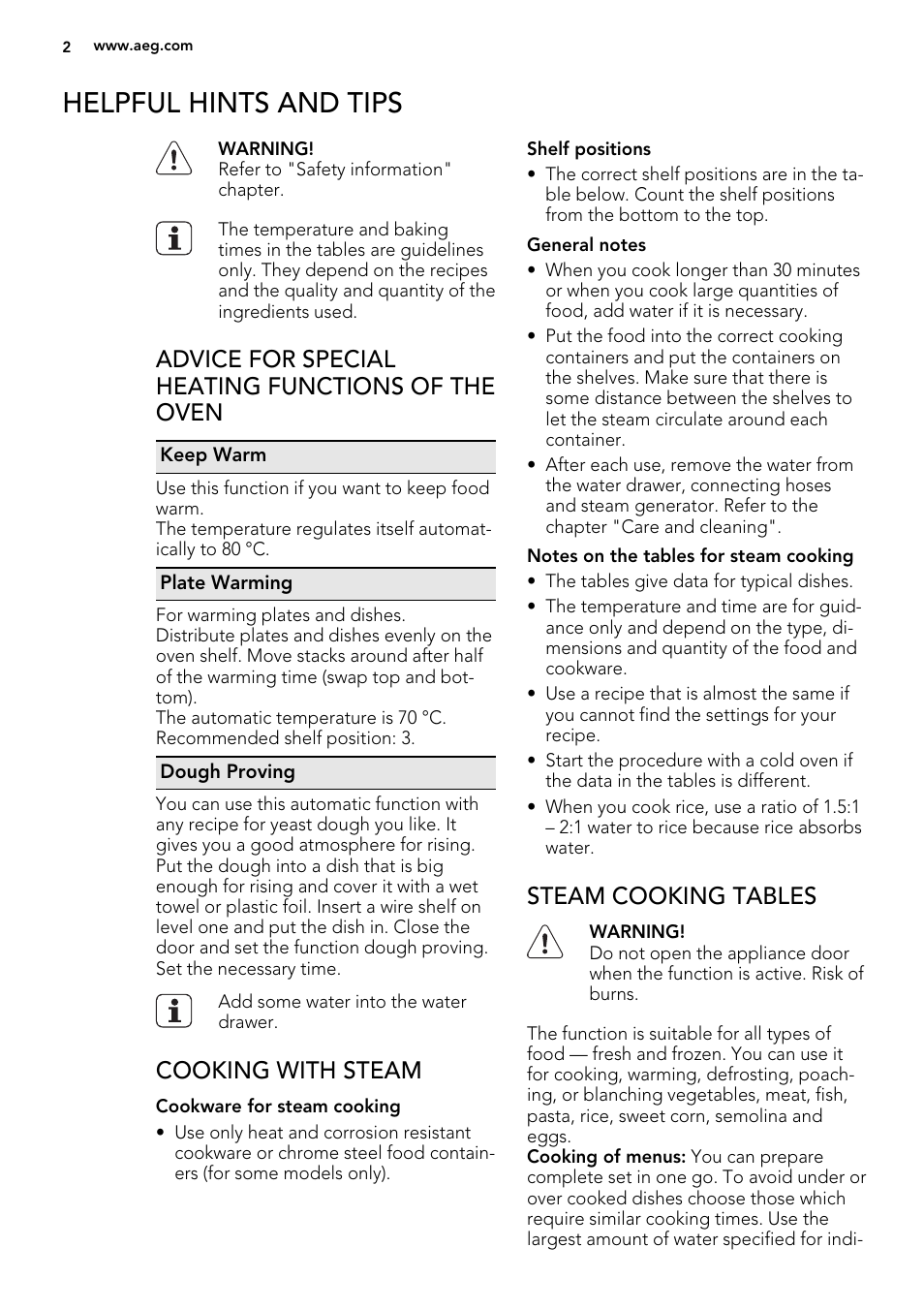 Helpful hints and tips, Advice for special heating functions of the oven, Cooking with steam | Steam cooking tables | AEG MCD3881E-M User Manual | Page 2 / 32
