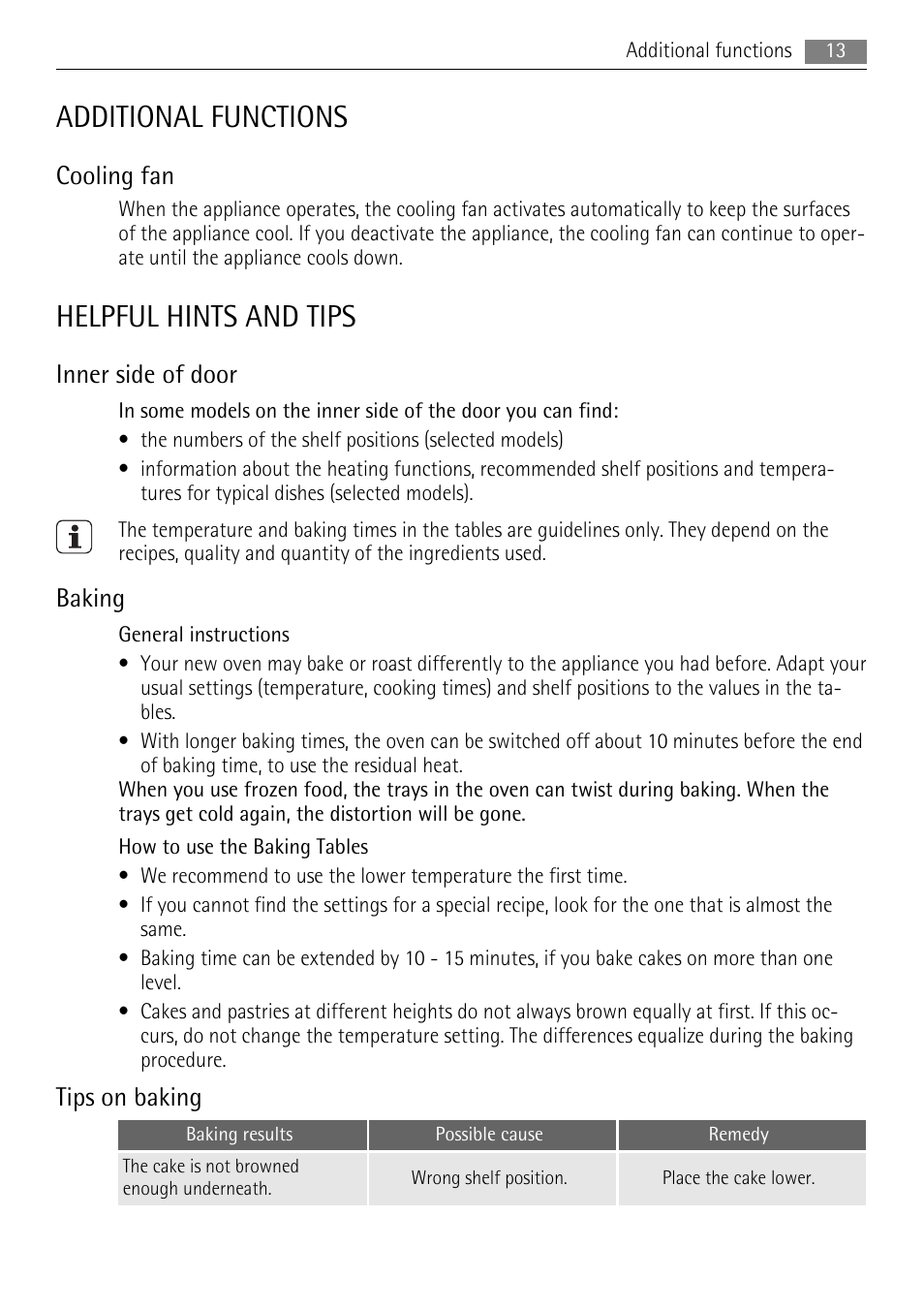 Additional functions, Helpful hints and tips, Cooling fan | Inner side of door, Baking, Tips on baking | AEG BP5304001W User Manual | Page 13 / 36