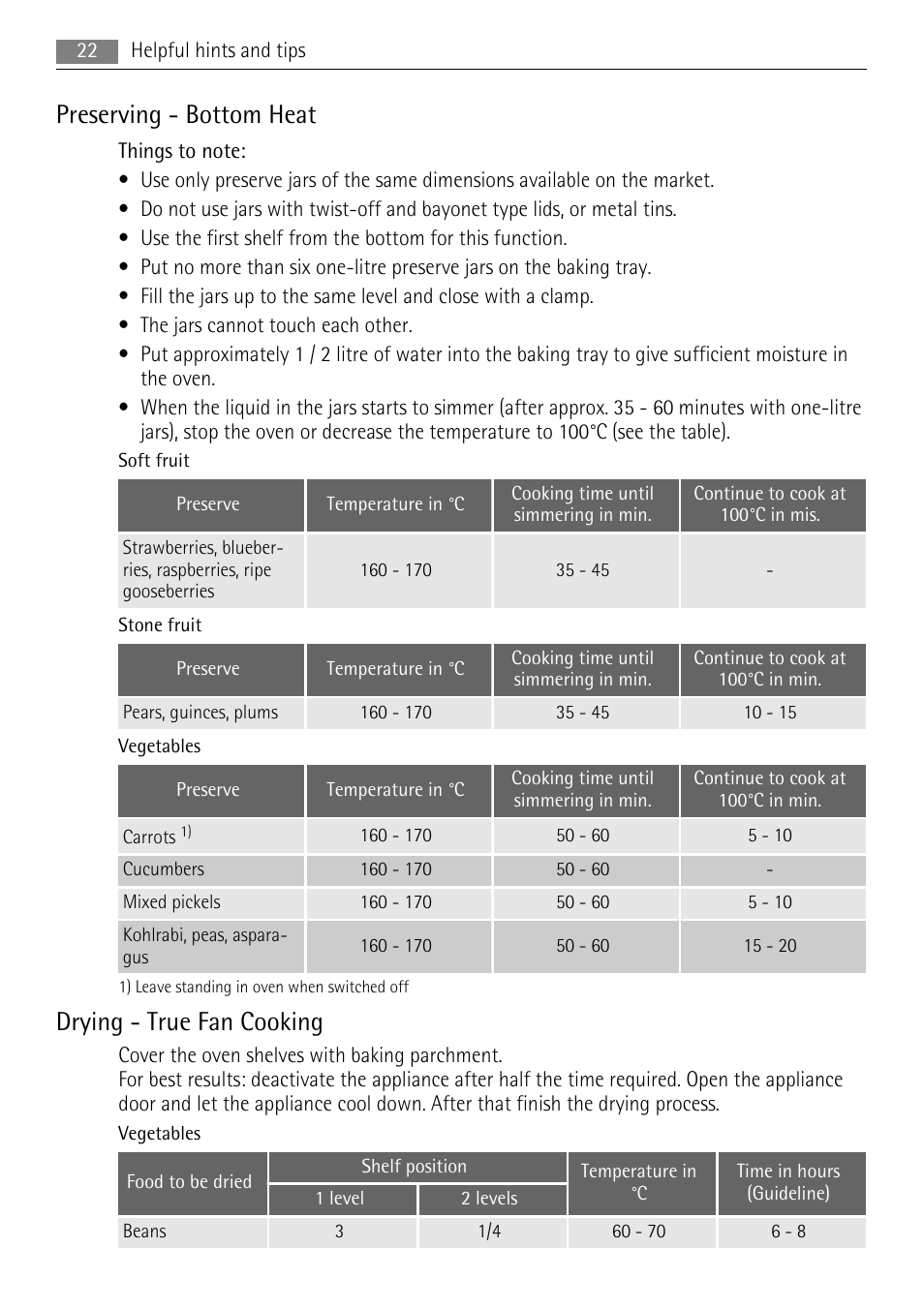 Preserving - bottom heat, Drying - true fan cooking | AEG BP5304001W User Manual | Page 22 / 36