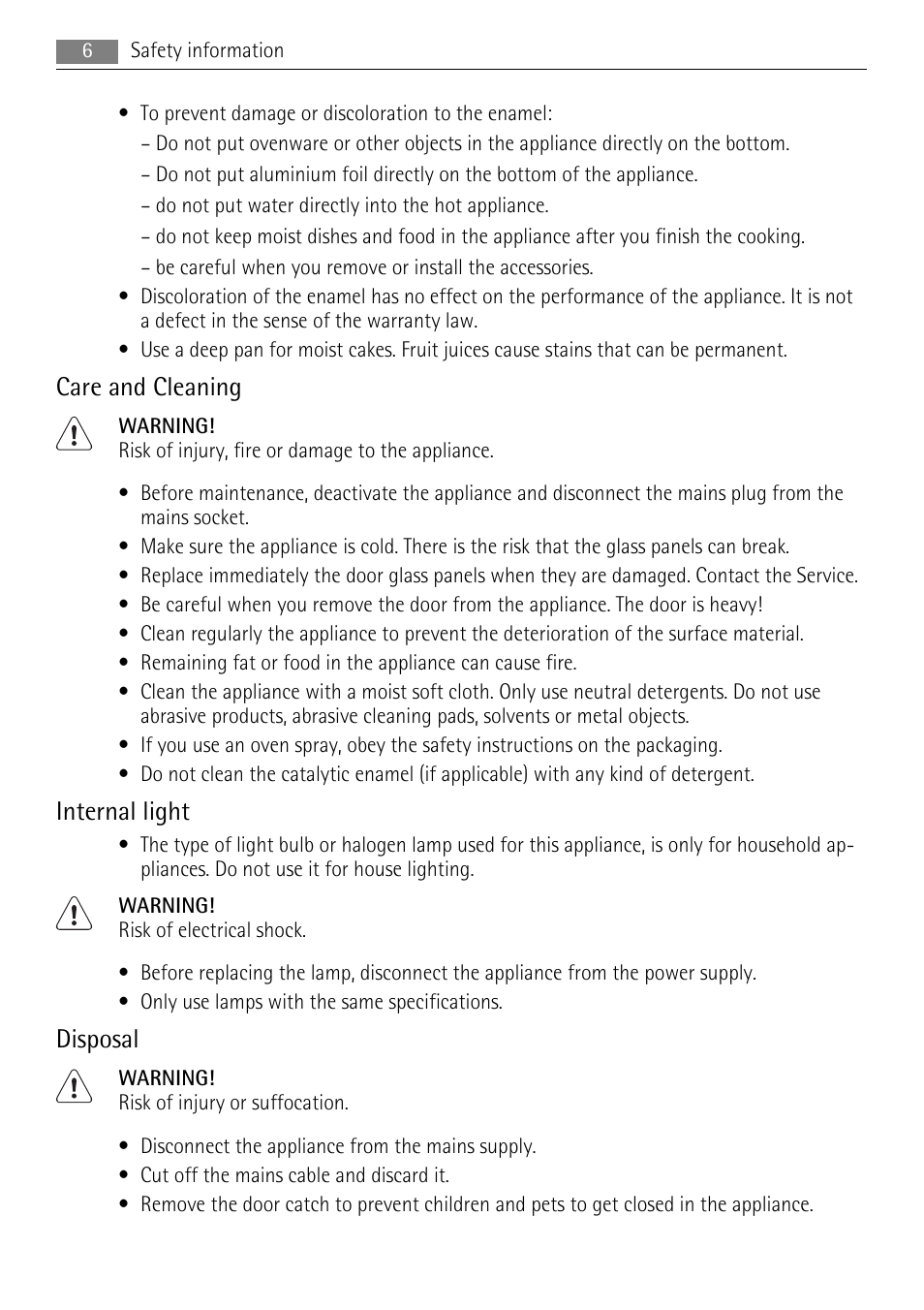 Care and cleaning, Internal light, Disposal | AEG BP5304001W User Manual | Page 6 / 36