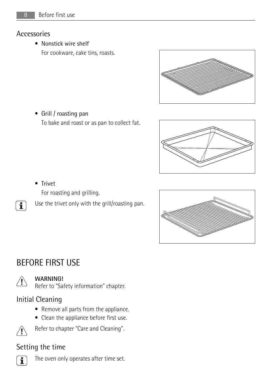 Before first use, Accessories, Initial cleaning | Setting the time | AEG BP5304001W User Manual | Page 8 / 36