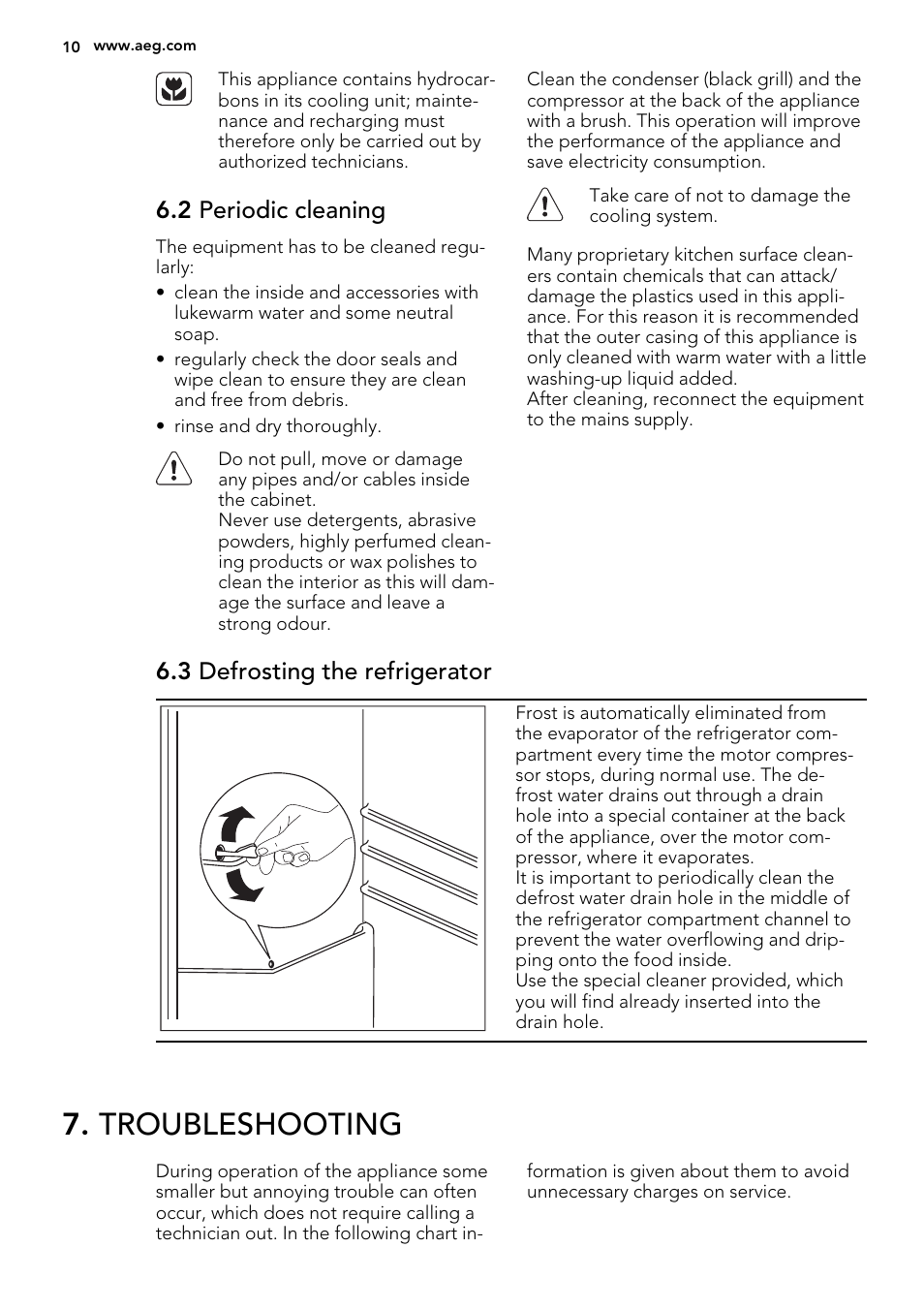 Troubleshooting, 2 periodic cleaning, 3 defrosting the refrigerator | AEG S54000KMX0 User Manual | Page 10 / 20