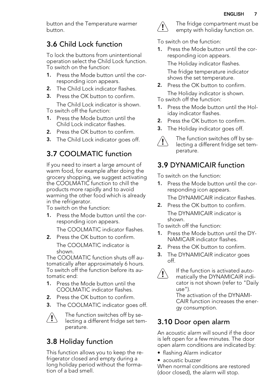 6 child lock function, 7 coolmatic function, 8 holiday function | 9 dynamicair function, 10 door open alarm | AEG S54000KMX0 User Manual | Page 7 / 20