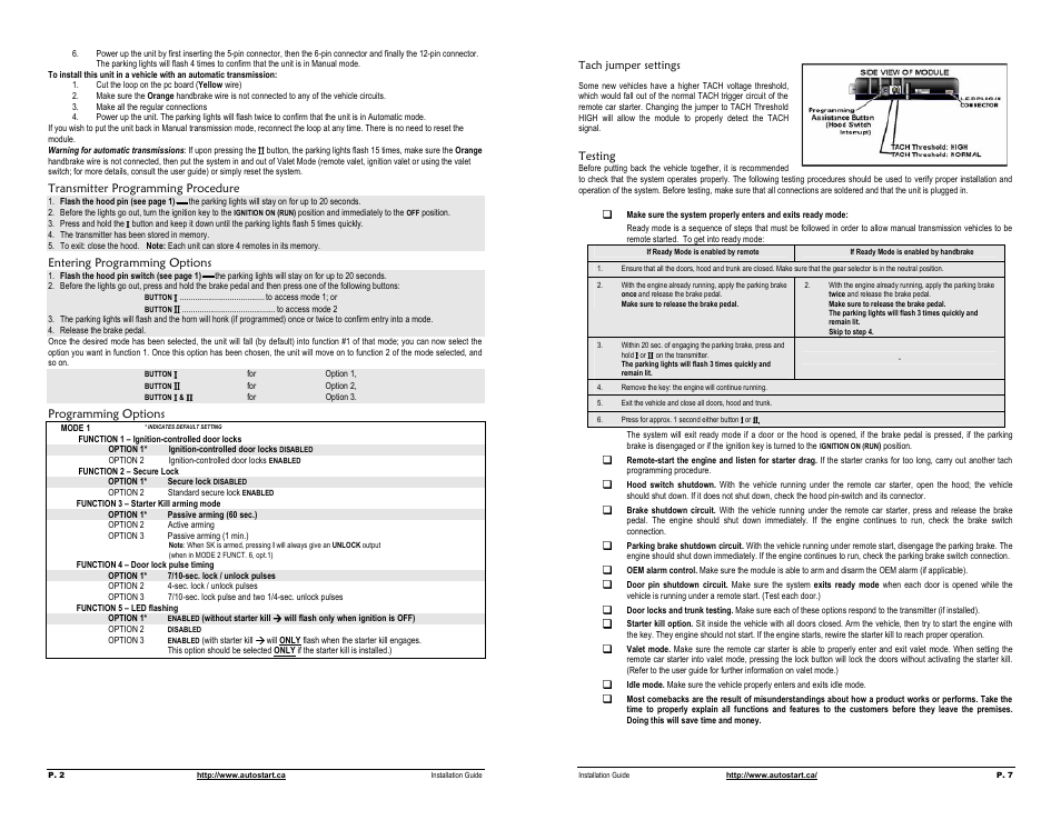 Transmitter programming procedure, Entering programming options, Programming options | Tach jumper settings, Testing, P. 2 p. 7 | Autostart AS-1252V User Manual | Page 2 / 4