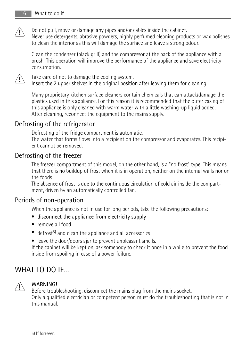 What to do if, Defrosting of the refrigerator, Defrosting of the freezer | Periods of non-operation | AEG SCS51800F0 User Manual | Page 16 / 32