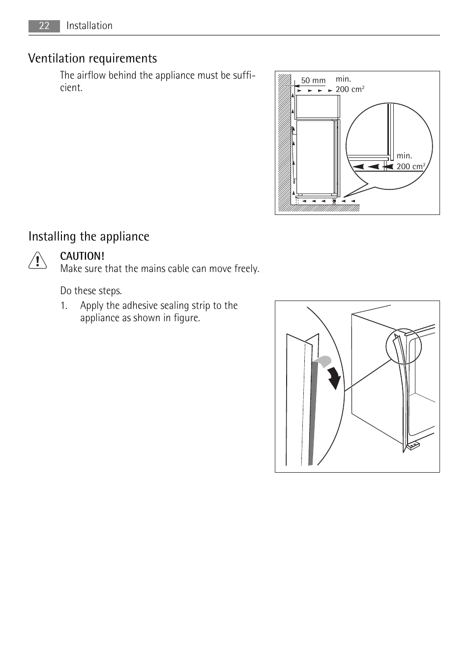 Ventilation requirements, Installing the appliance | AEG SCS51800F0 User Manual | Page 22 / 32