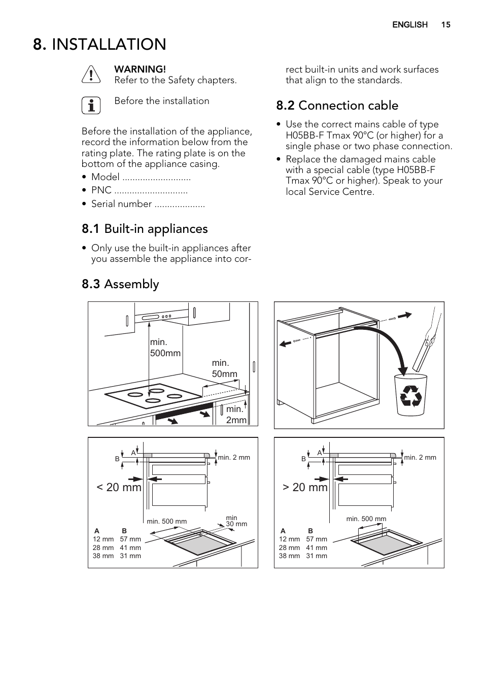 Installation, 1 built-in appliances, 2 connection cable | 3 assembly, 20 mm | AEG HK764403XB User Manual | Page 15 / 24