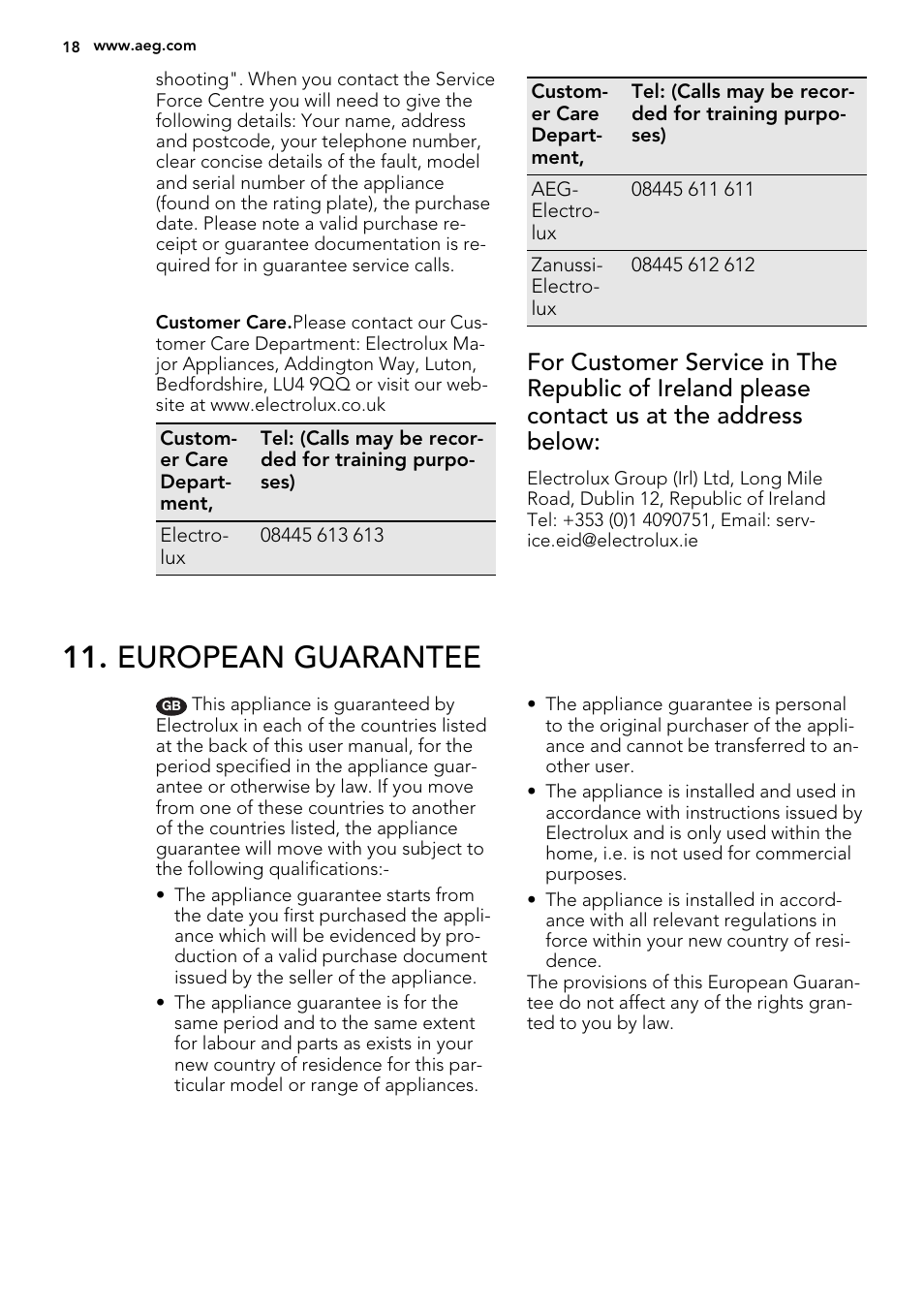 European guarantee | AEG HK764403XB User Manual | Page 18 / 24