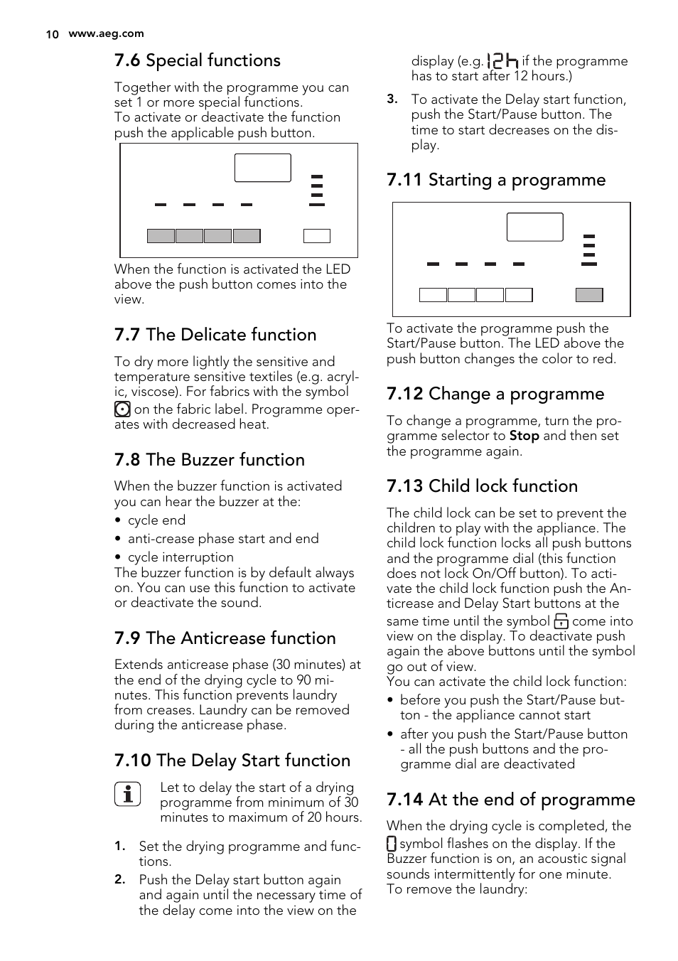 6 special functions, 7 the delicate function, 8 the buzzer function | 9 the anticrease function, 10 the delay start function, 11 starting a programme, 12 change a programme, 13 child lock function, 14 at the end of programme | AEG T75280AC User Manual | Page 10 / 40