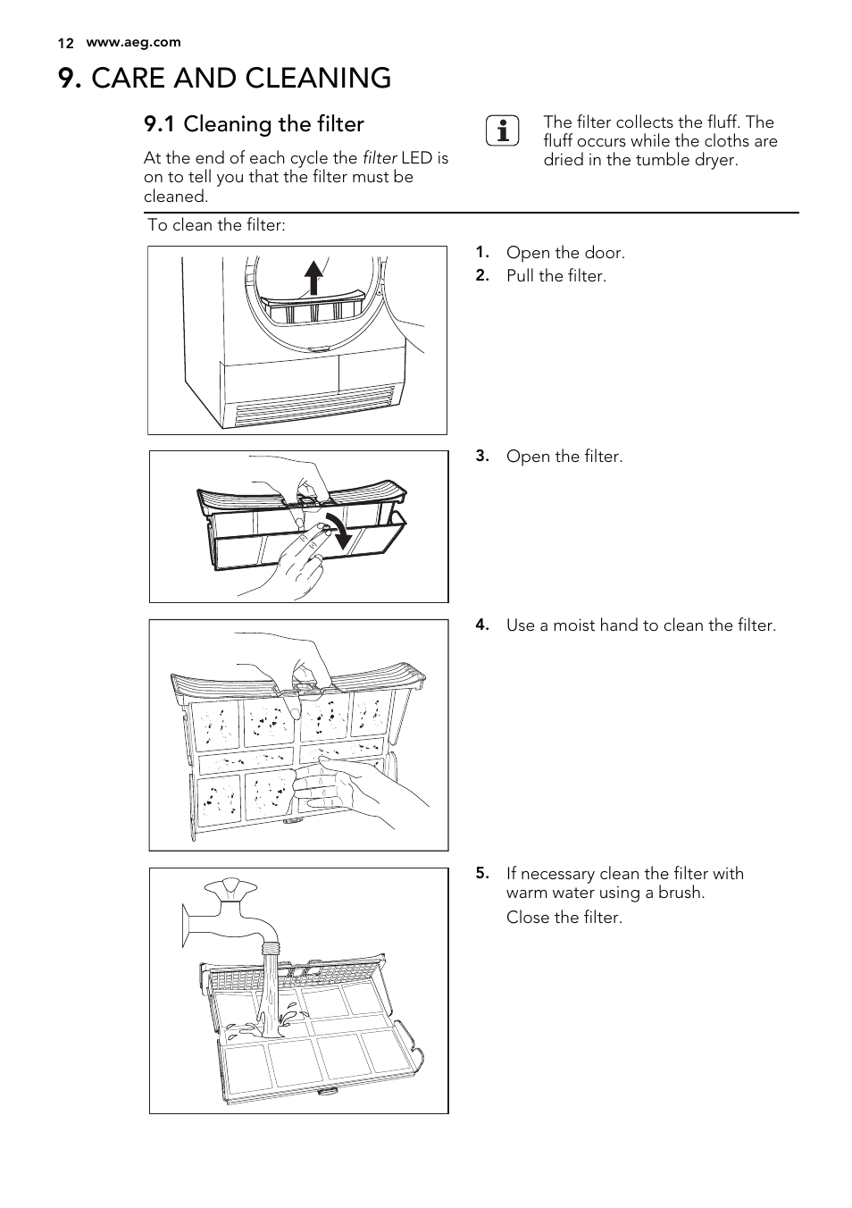 Care and cleaning, 1 cleaning the filter | AEG T75280AC User Manual | Page 12 / 40