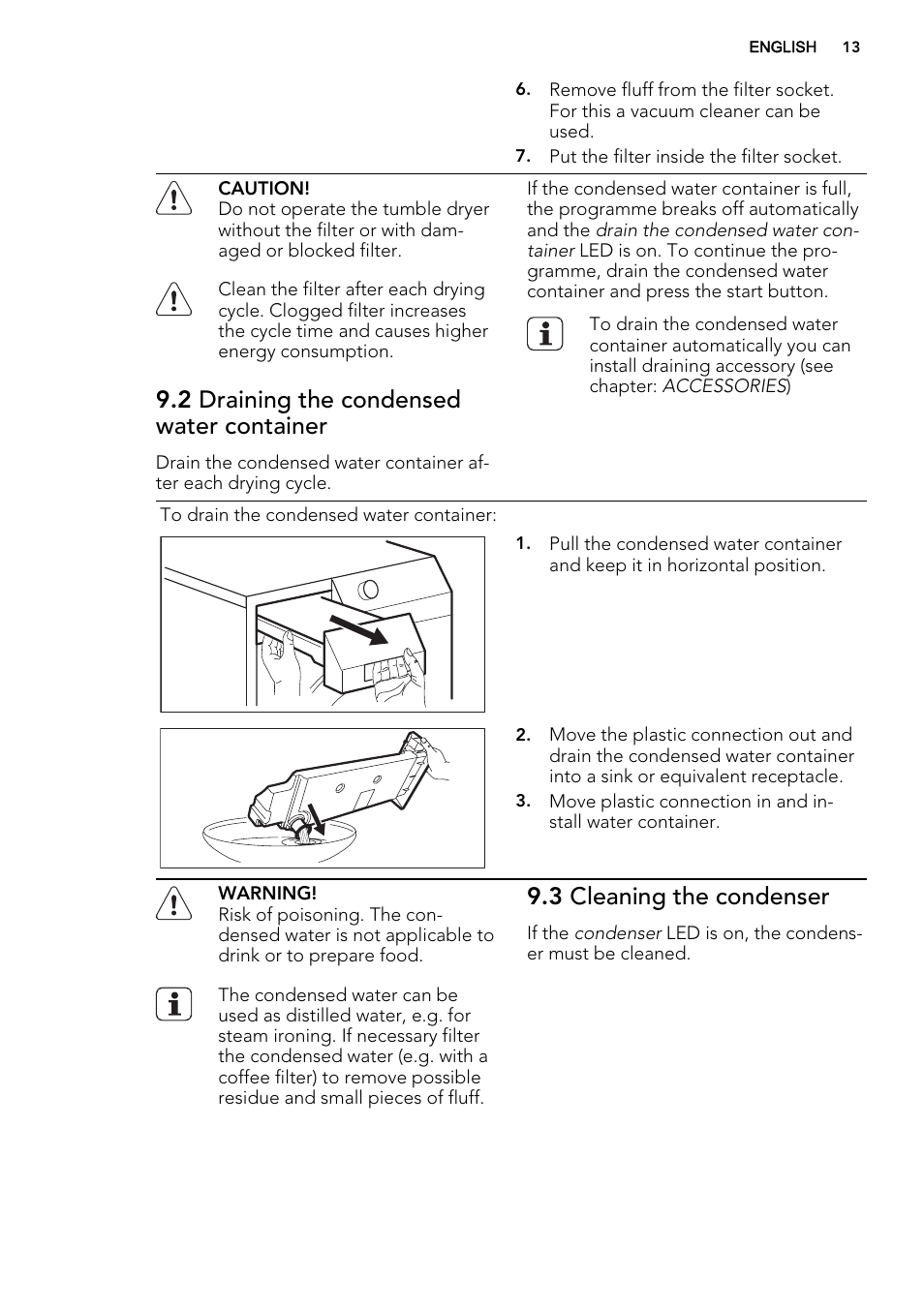 2 draining the condensed water container, 3 cleaning the condenser | AEG T75280AC User Manual | Page 13 / 40