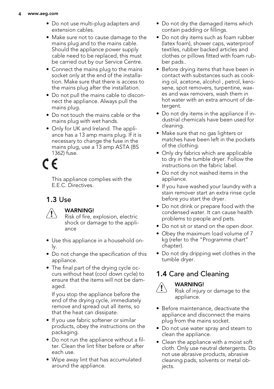3 use, 4 care and cleaning | AEG T75280AC User Manual | Page 4 / 40