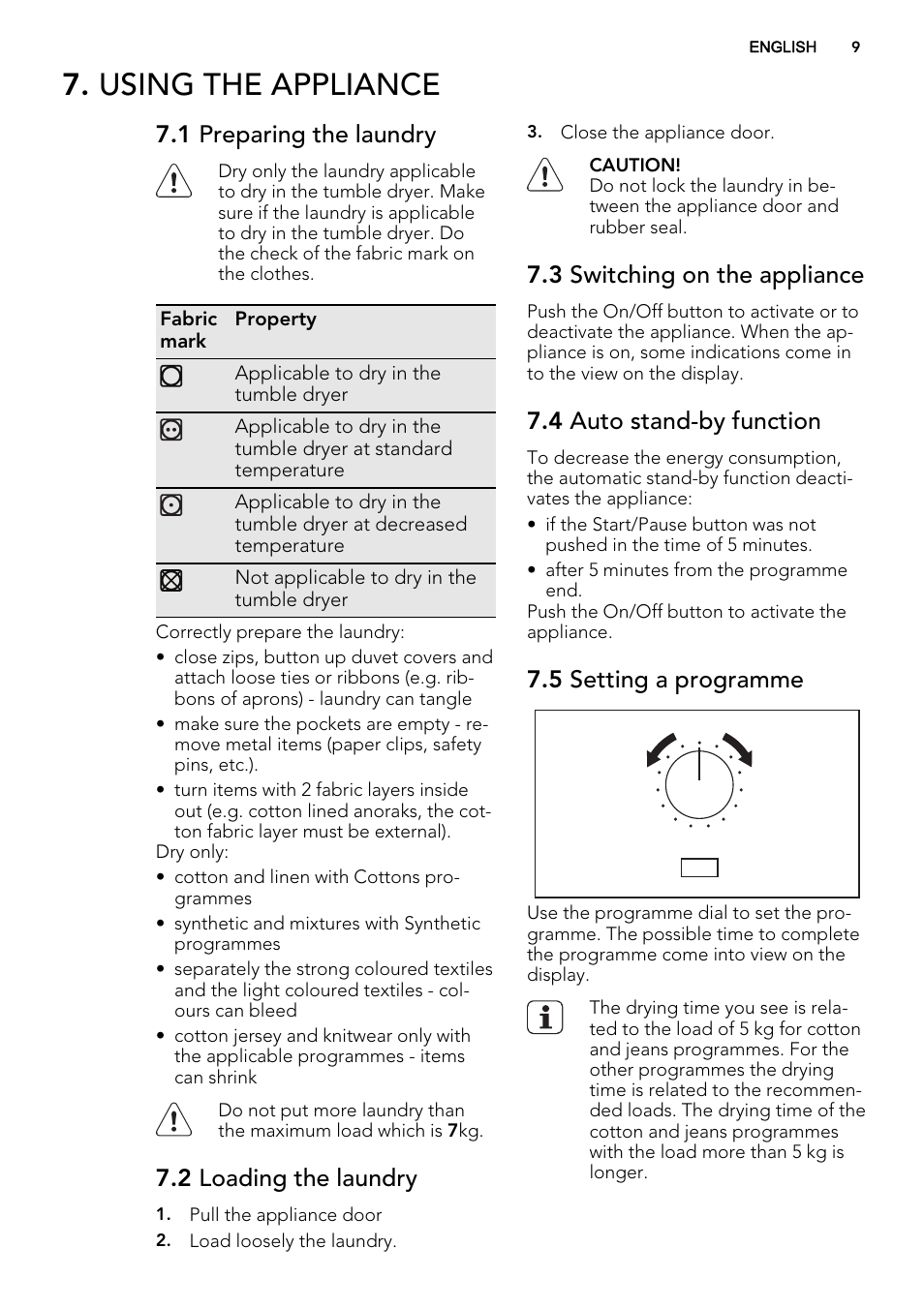 Using the appliance, 1 preparing the laundry, 2 loading the laundry | 3 switching on the appliance, 4 auto stand-by function, 5 setting a programme | AEG T75280AC User Manual | Page 9 / 40