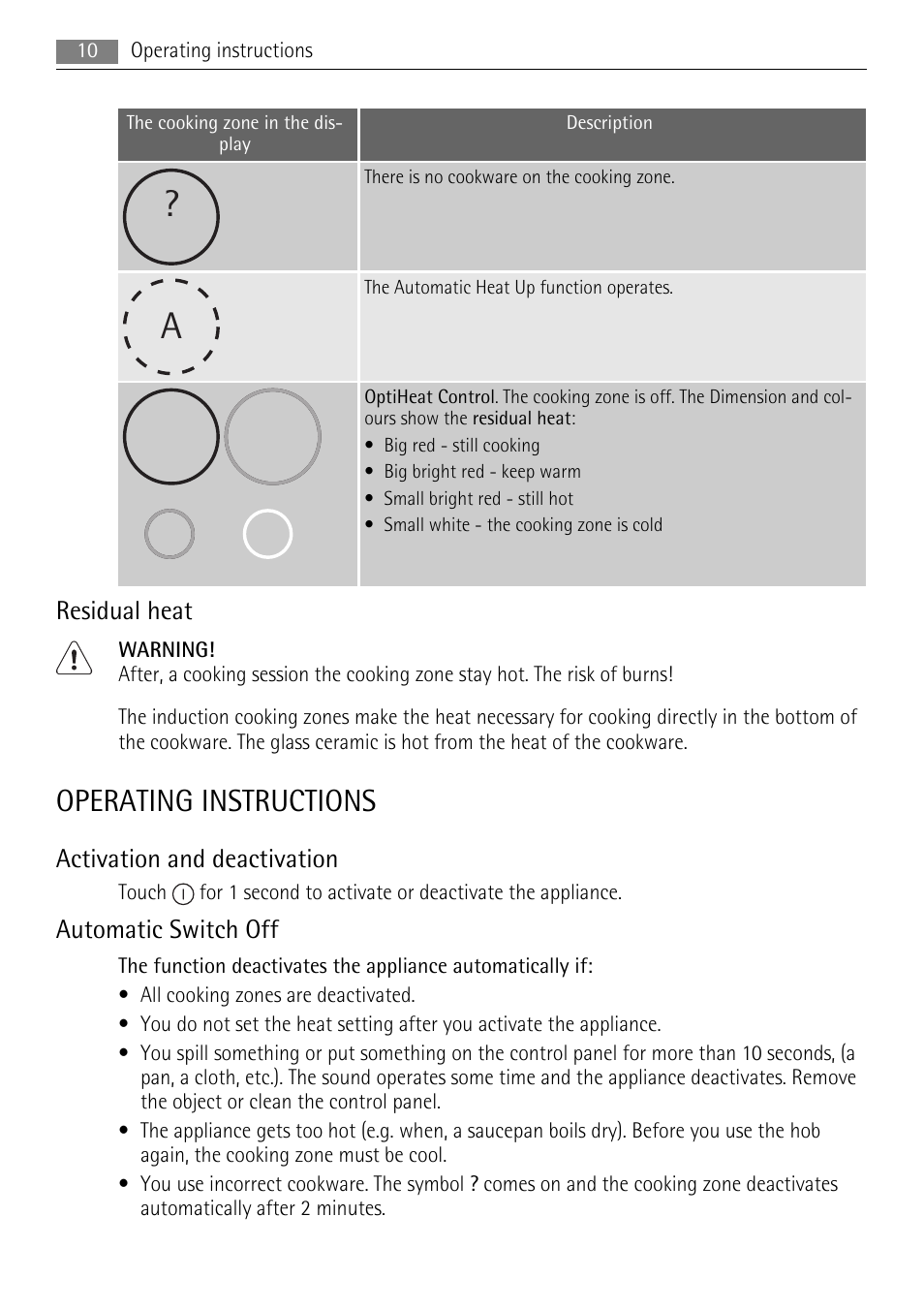 Operating instructions, Residual heat, Activation and deactivation | Automatic switch off | AEG HK634200XB User Manual | Page 10 / 24