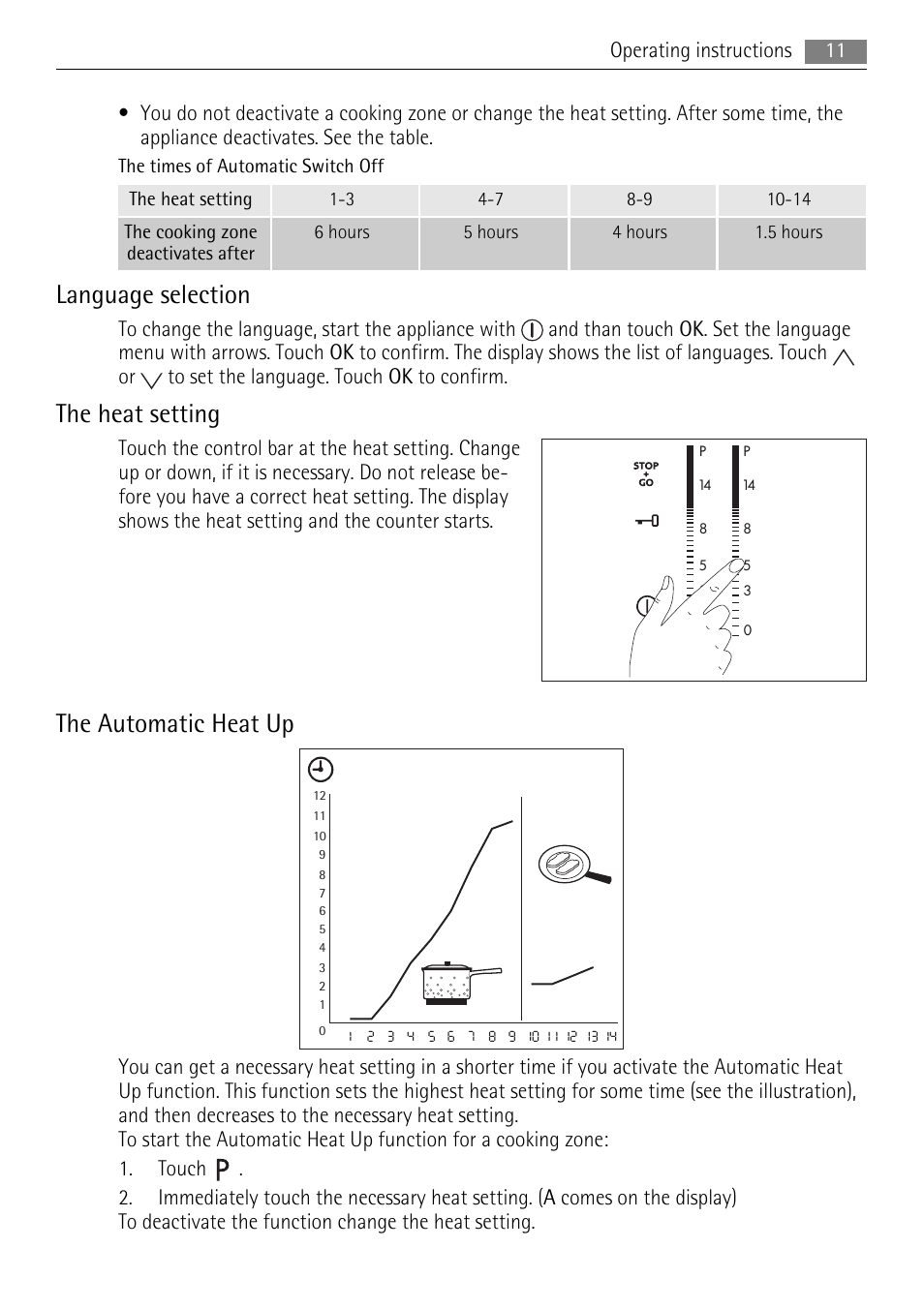 Language selection, The heat setting, The automatic heat up | Operating instructions 11 | AEG HK634200XB User Manual | Page 11 / 24